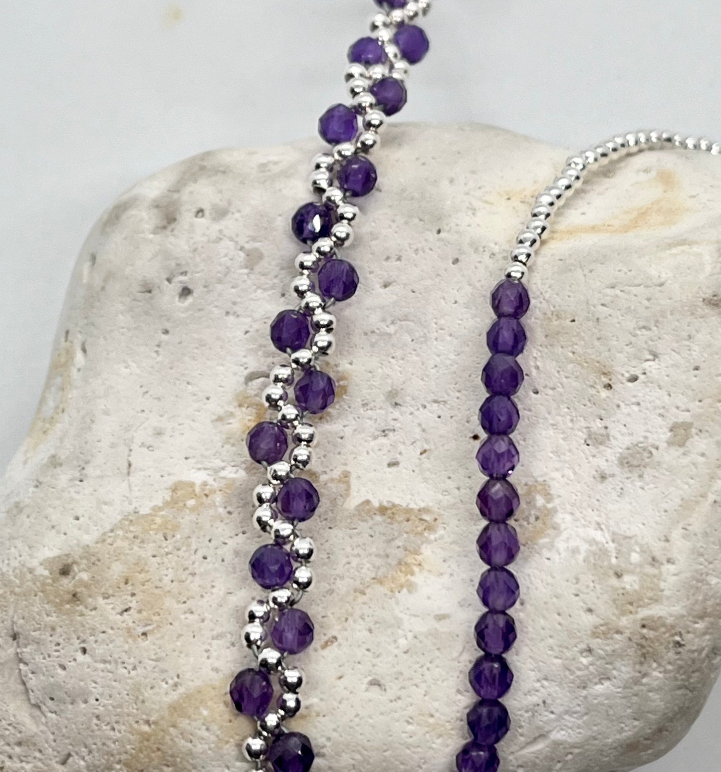 925 sterling silver Amethyst & silver bead weave cuff bracelet