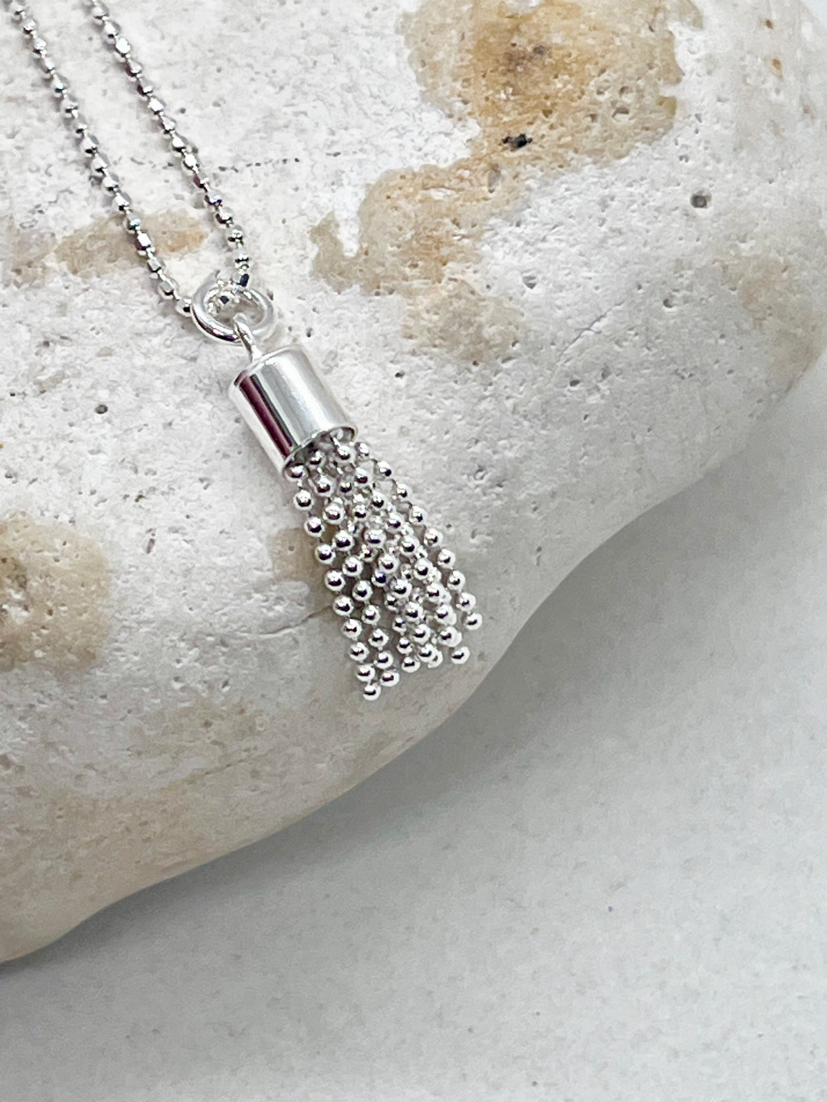 925 'Tassel Love' Tassel Heart Charm Necklace - Sterling Silver Diamond Cut Ball Chain