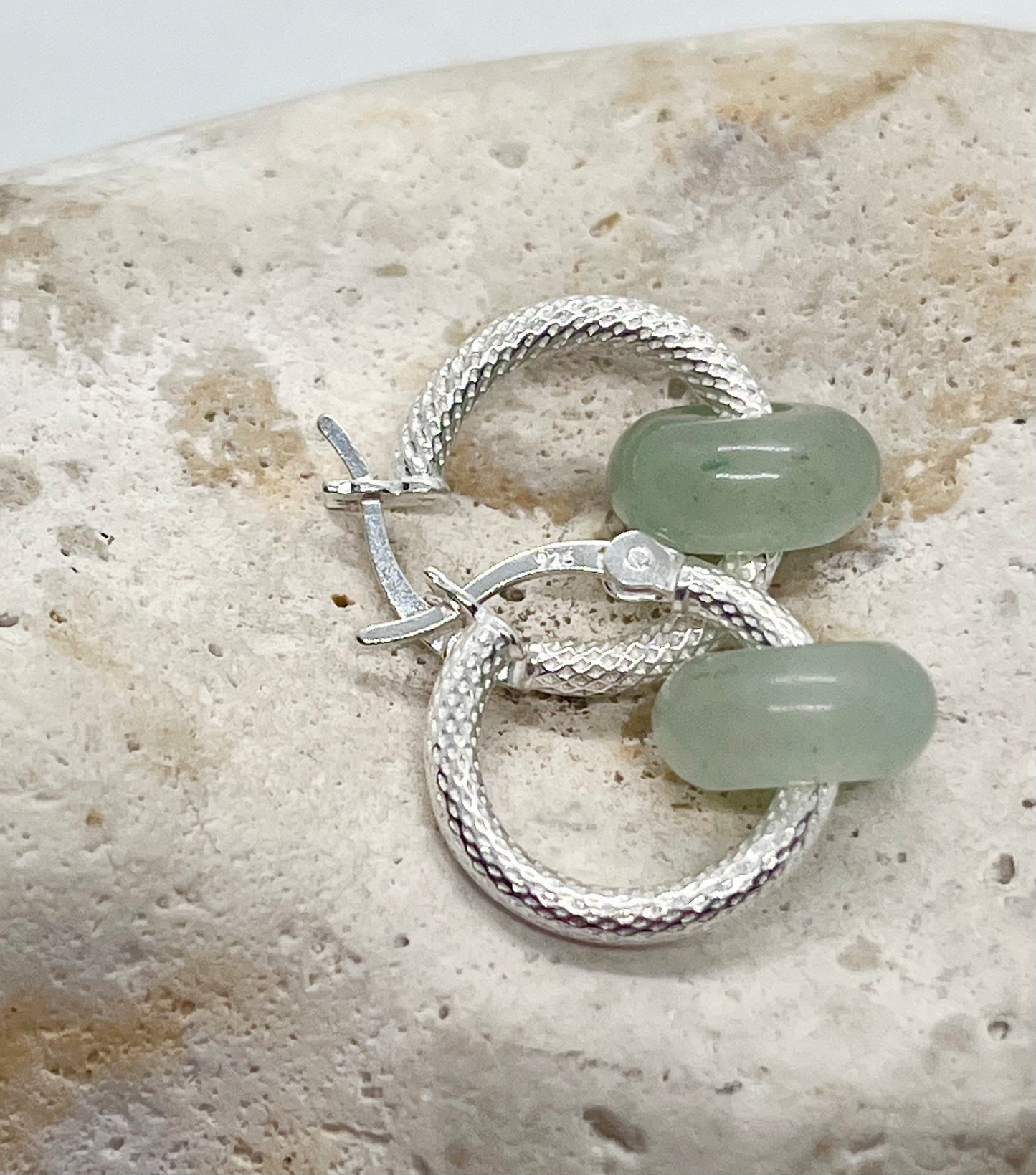 'Aventurine Dream' Sterling Silver & Green Aventurine Crystal Diamond Cut Donut Hinged Hoop Earrings