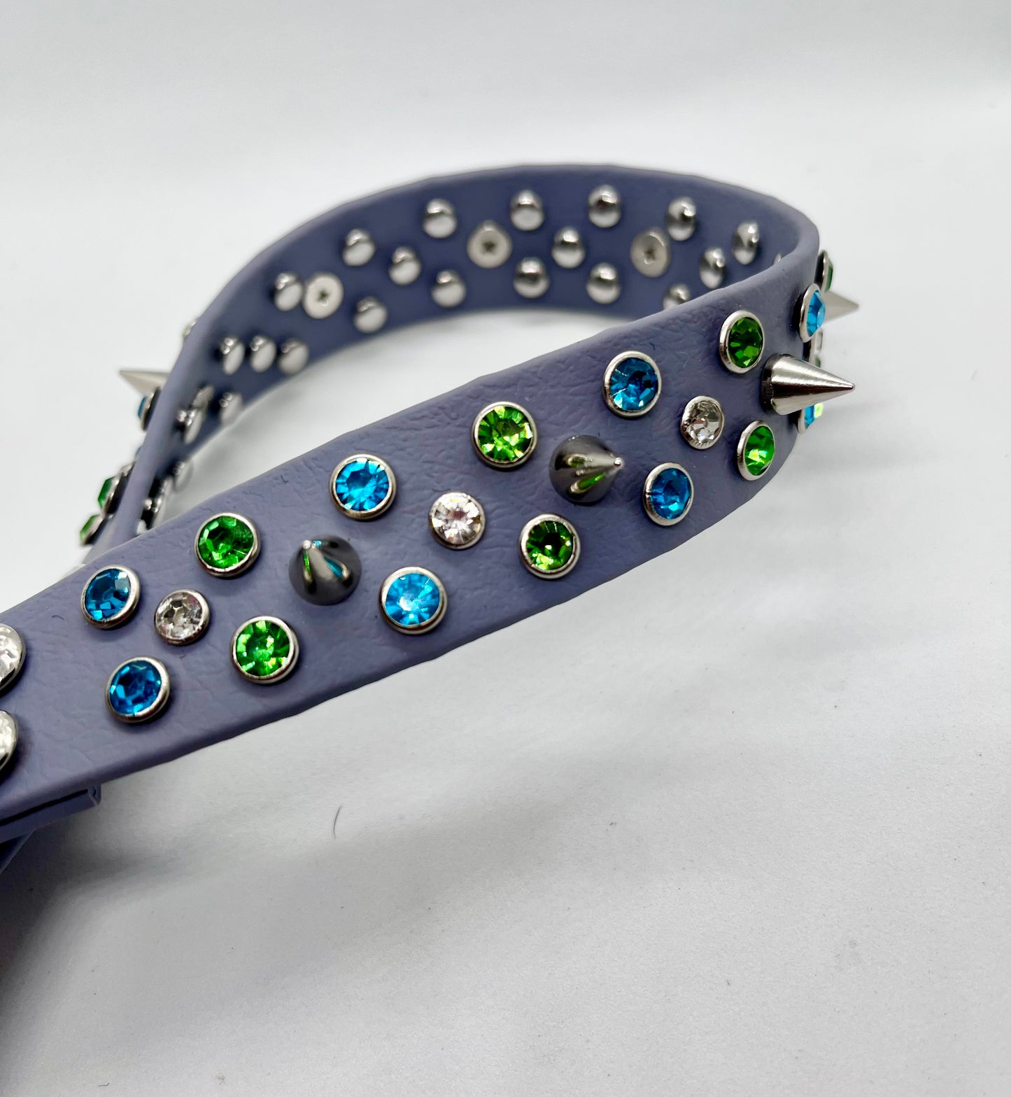‘Rhinestone Rebel’ turquoise green & white rhinestone crystal sparkly spiked studded dog D-ring BioThane® collar with stainless steel hardware