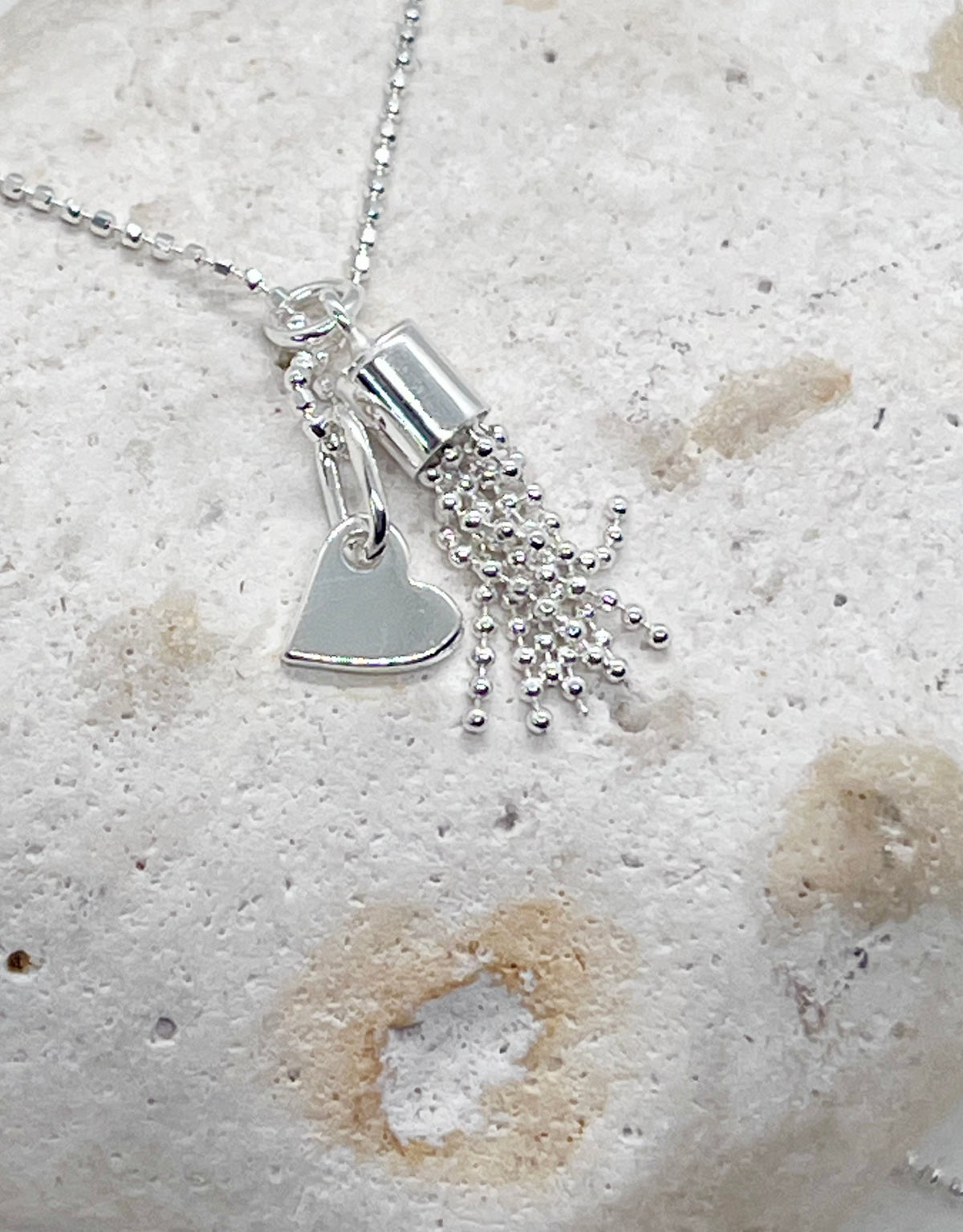 925 'Tassel Love' Tassel Heart Charm Necklace - Sterling Silver Diamond Cut Ball Chain