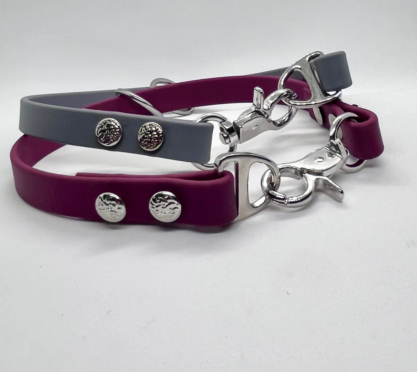 ‘Just Saying’ plain BioThane® 13mm clip collar, textured steel studs stainless steel hardware