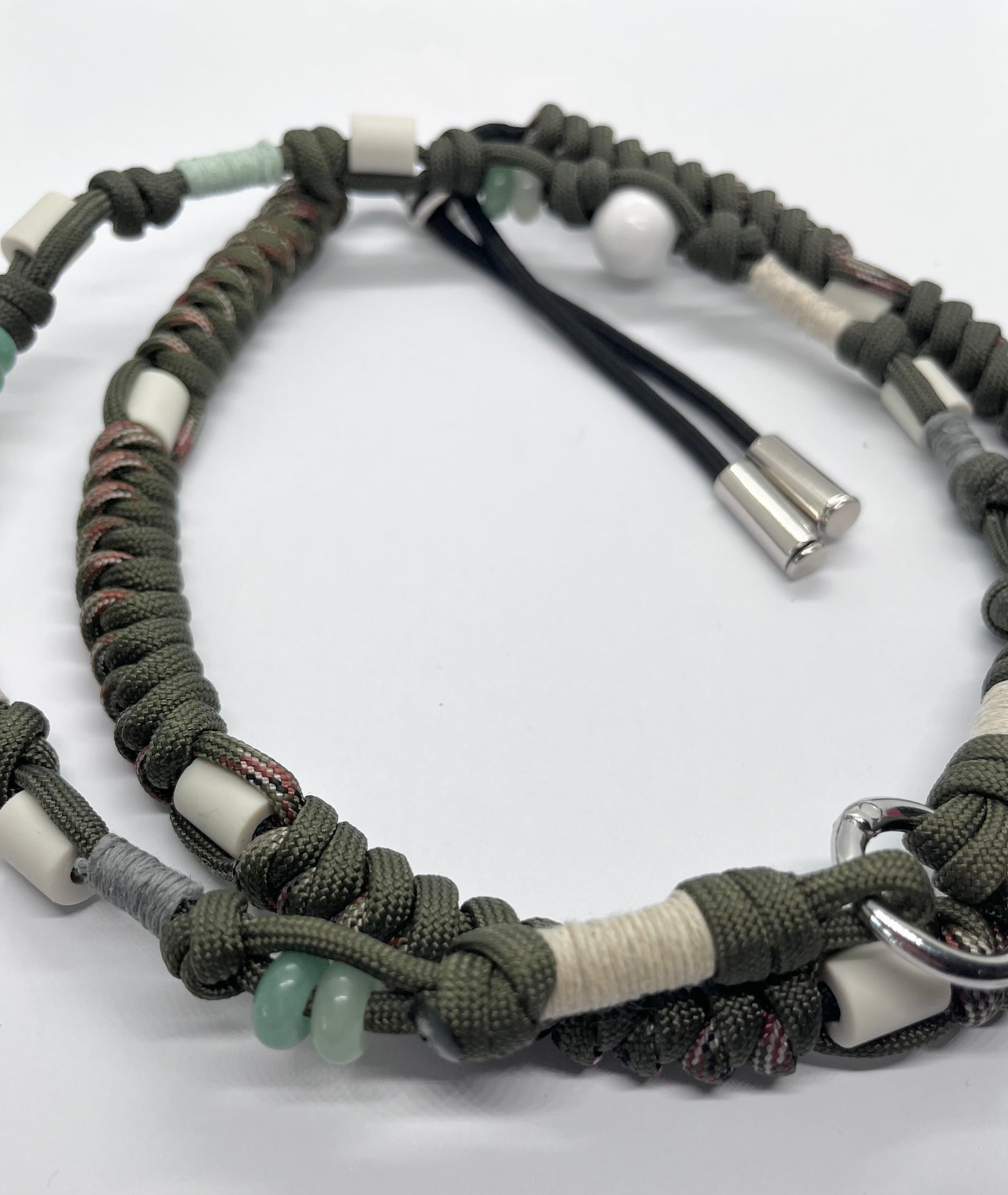 EM Paracord boho style collar olive beaded green with  genuine Aventurine ceramic pet collar fleas & tick prevention