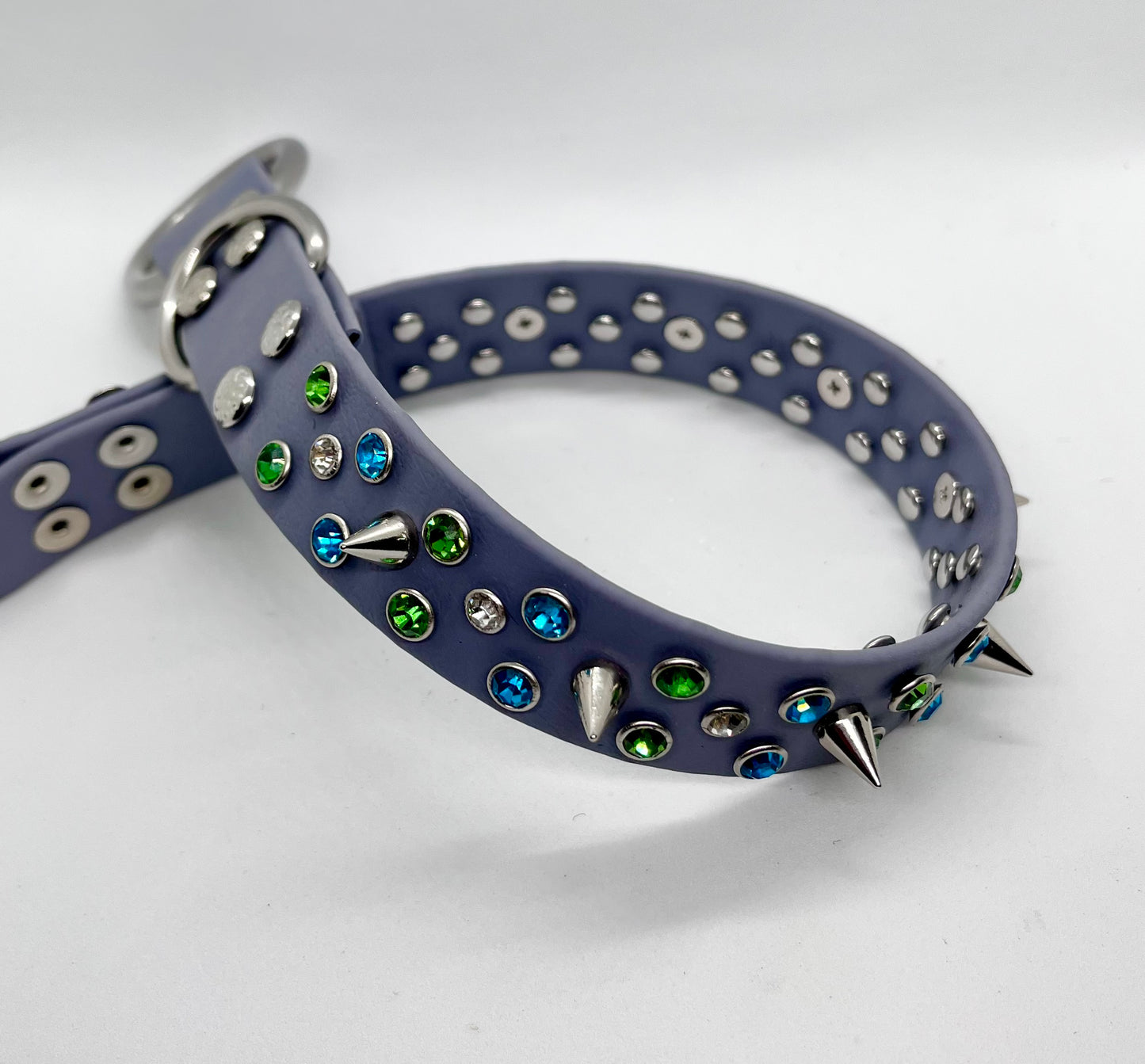 ‘Rhinestone Rebel’ turquoise green & white rhinestone crystal sparkly spiked studded dog D-ring BioThane® collar with stainless steel hardware