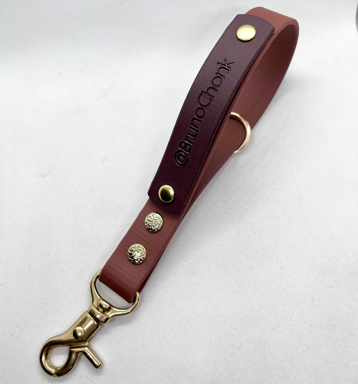 'Bruno Chonk' Personalised Embossed Detachable Clip On Lead Handle Solid Brass