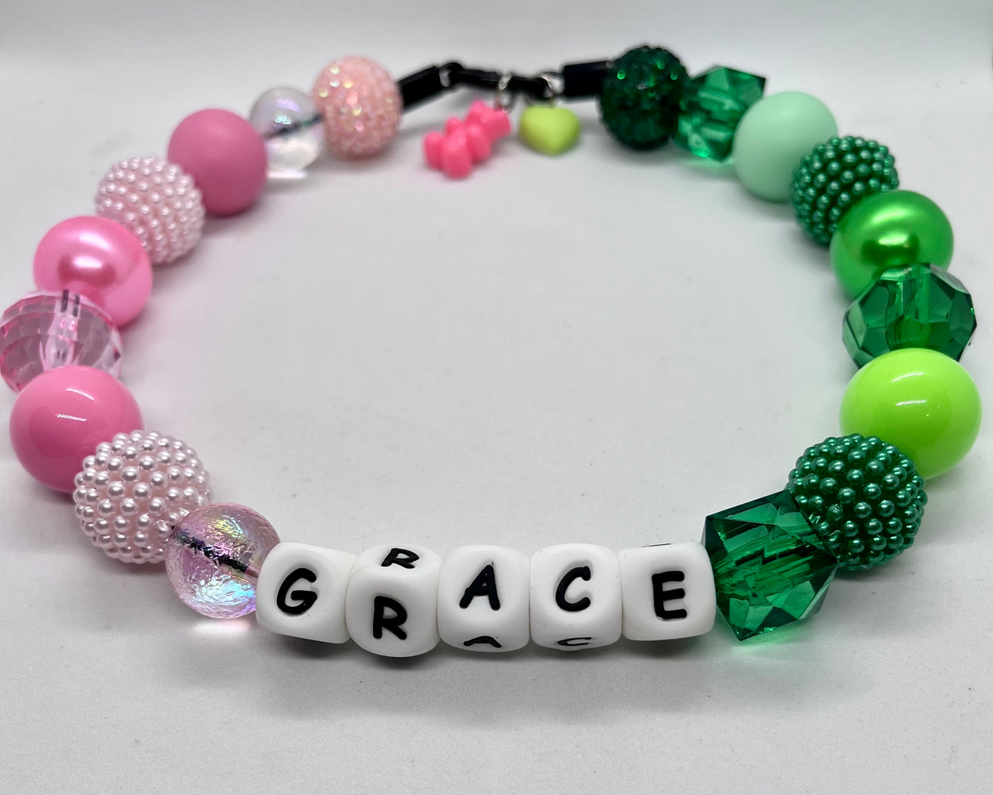 ‘Pink Poison’ Wicked, movie inspired pink & green sparkle ombré iridescent personalised beaded bead dog collar pet necklace