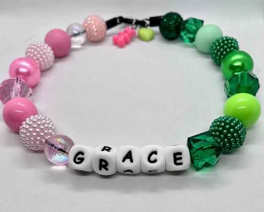 ‘Pink Poison’ Wicked, movie inspired pink & green sparkle ombré iridescent personalised beaded bead dog collar pet necklace