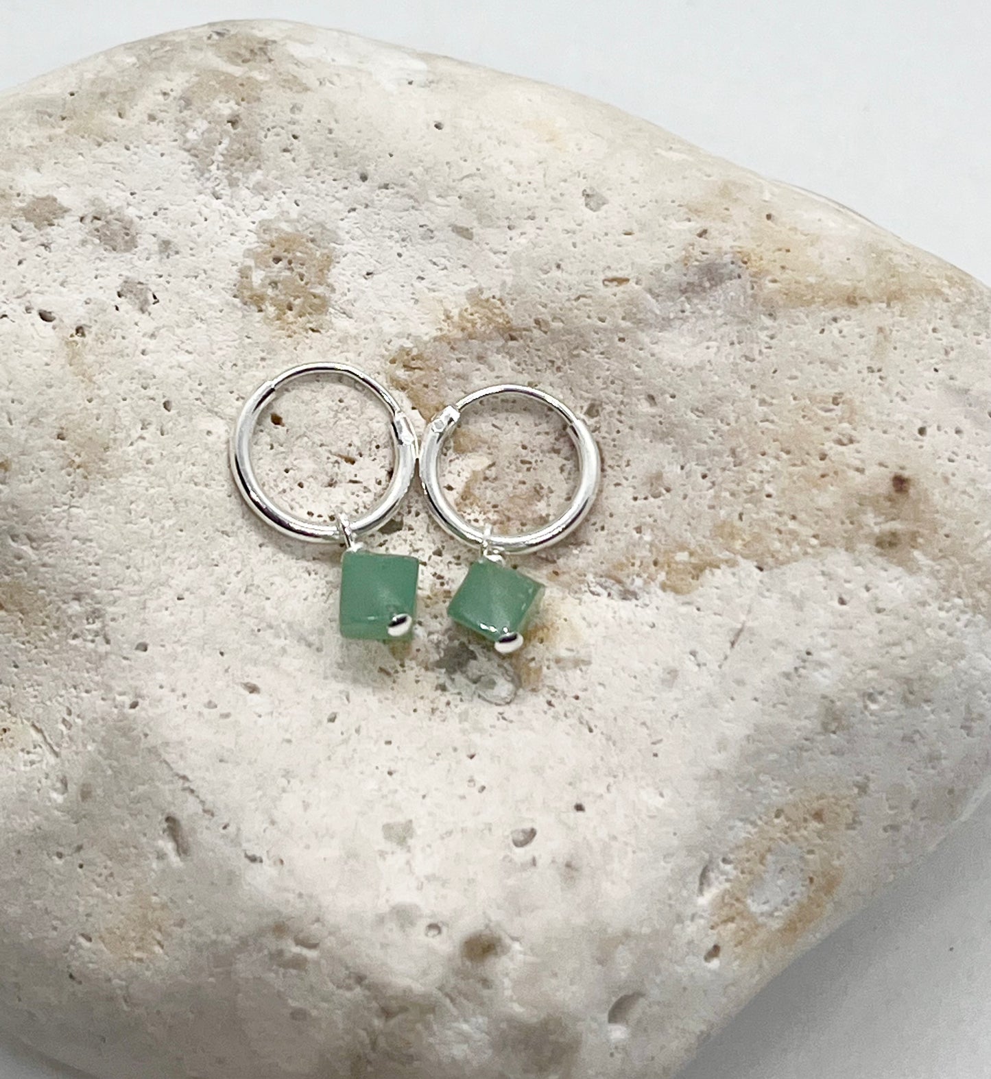 'Aventurine Luxe' 925 Sterling Silver Huggie Hoop Earrings - Green Aventurine Cube Crystal