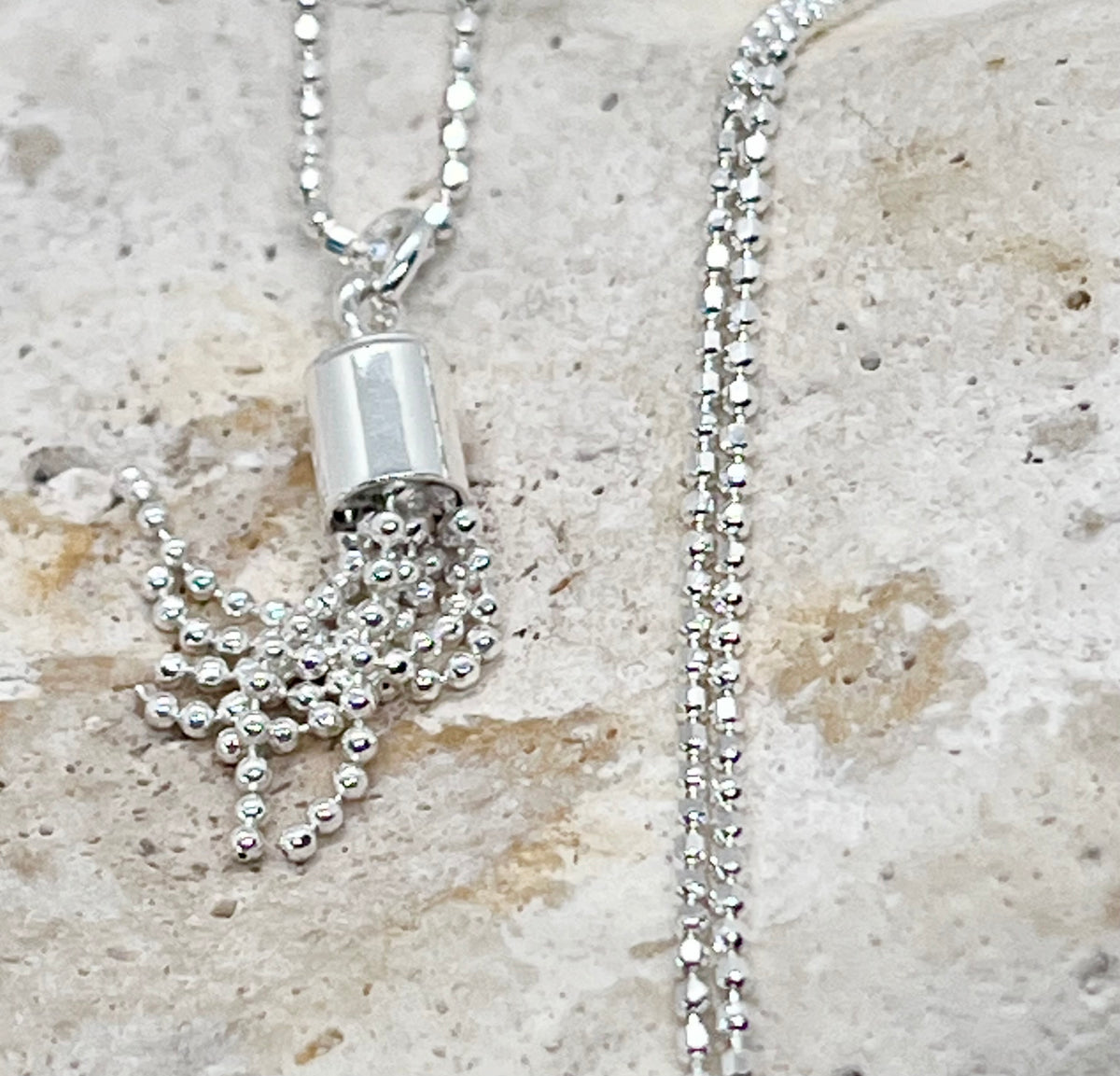 925 'Tassel Love' Tassel Heart Charm Necklace - Sterling Silver Diamond Cut Ball Chain