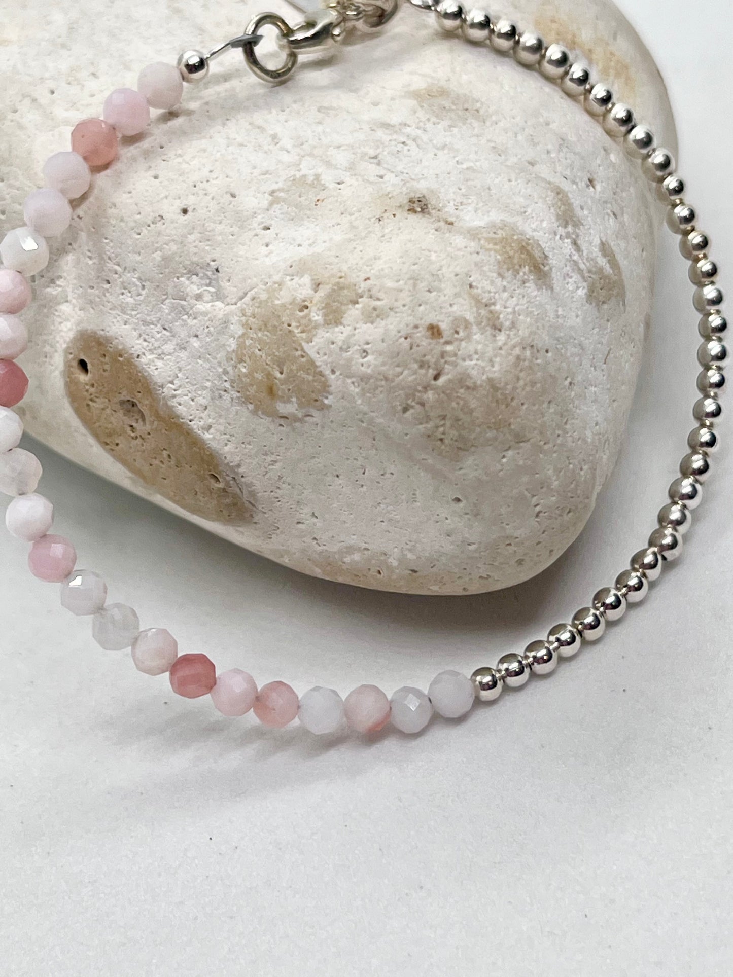 925 sterling silver 'Pink Opal 50-50’ boho style bead bracelet