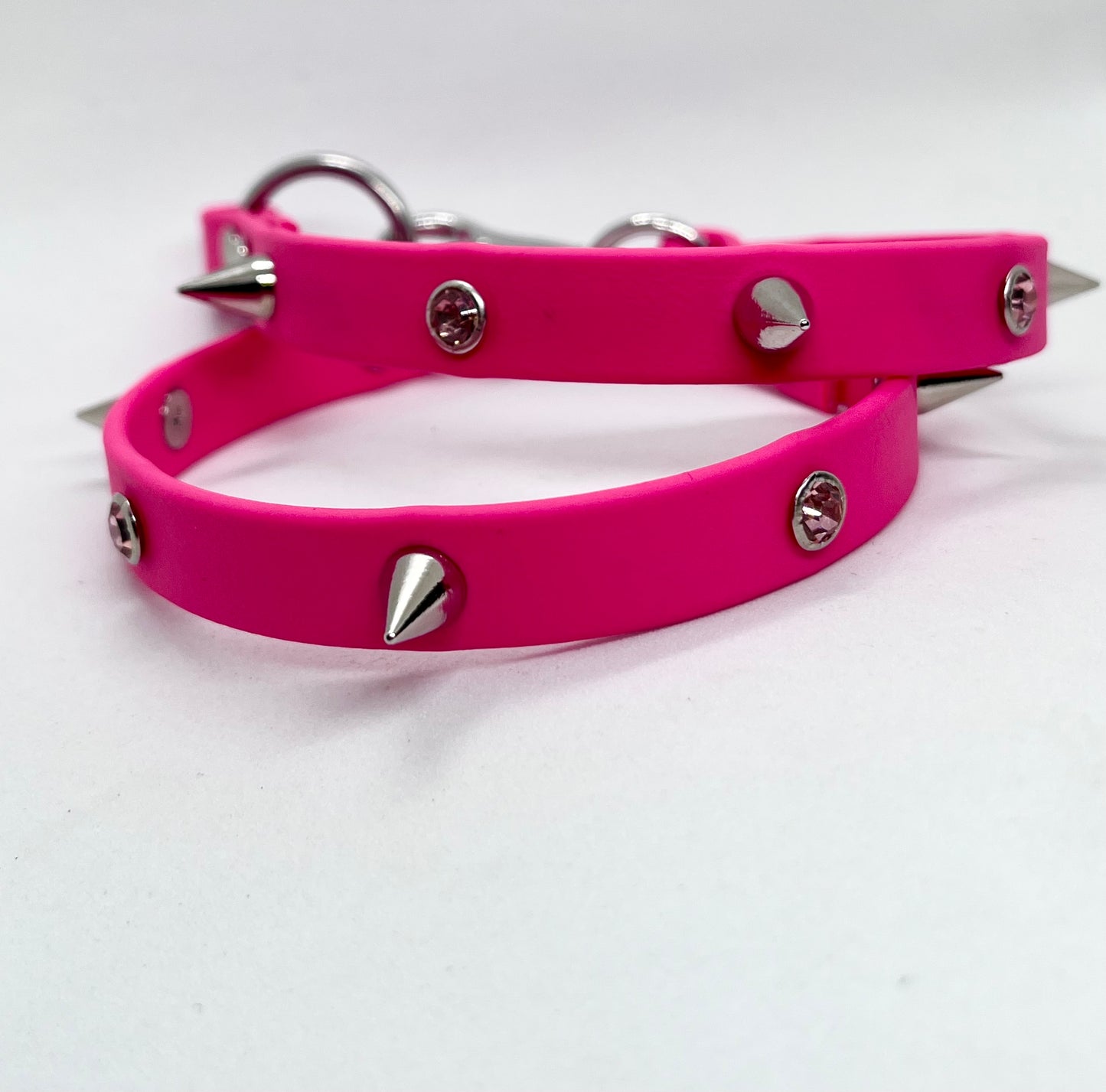 'Diamanté Drama' Bright Pink BioThane® Diamanté & Spiked Studded Collar
