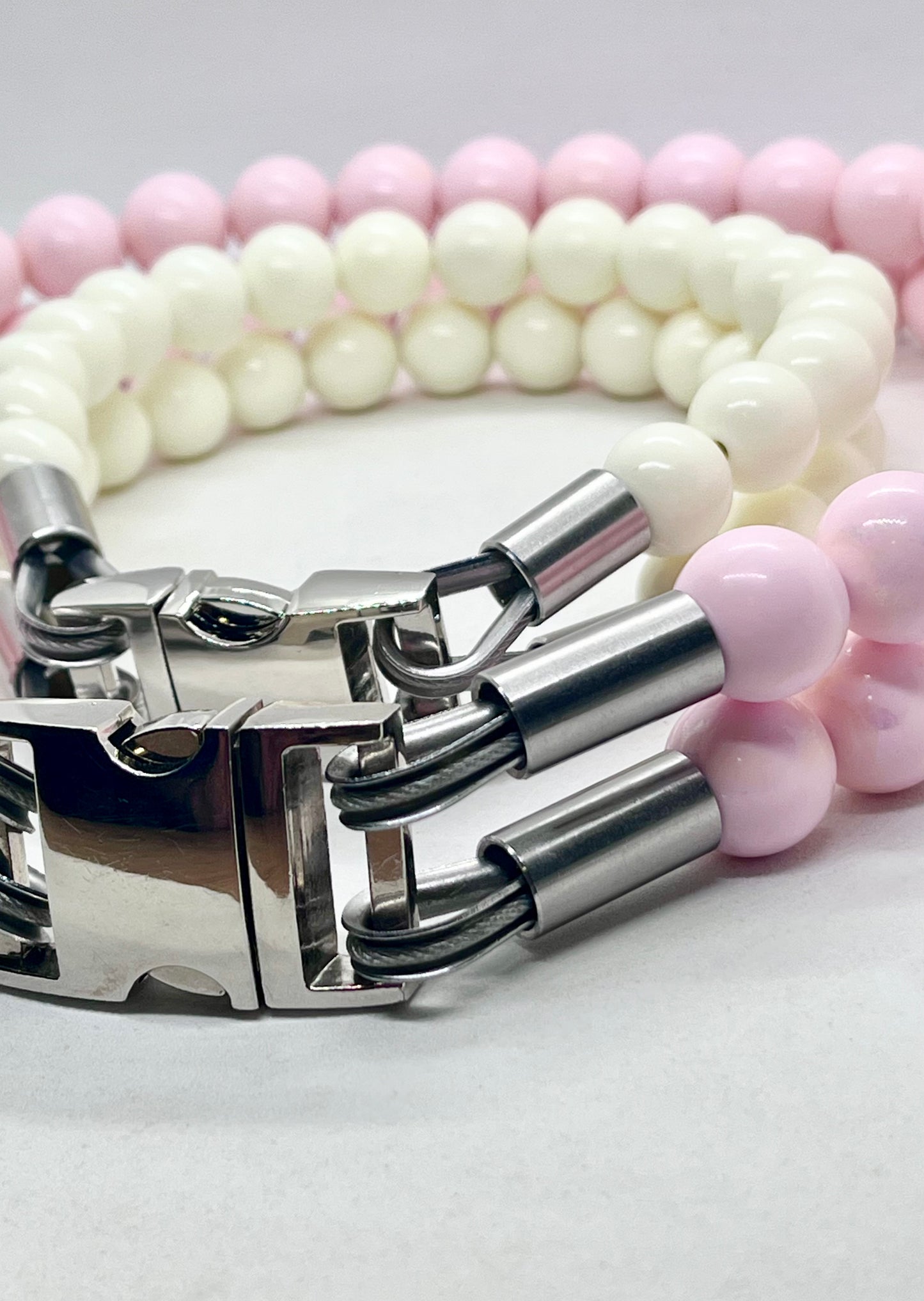'Glow Up' Double White Beaded Stainless Steel Dog Collar20mm