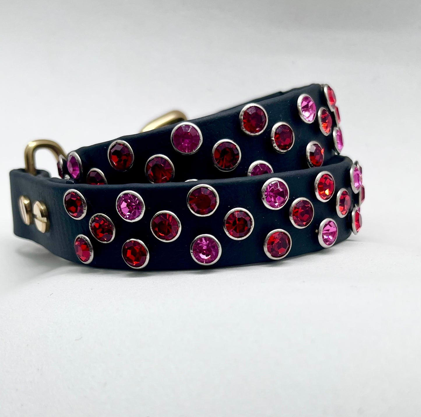 Diamanté Storm Black BioThane Dog Collar - Red & Pink Diamanté with Solid Brass