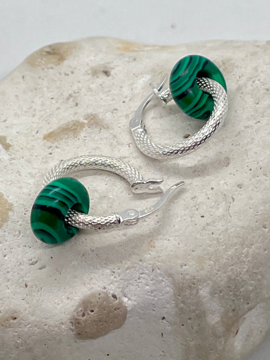 925 sterling silver Malachite doughnut diamond cut hinged ear hoop earrings