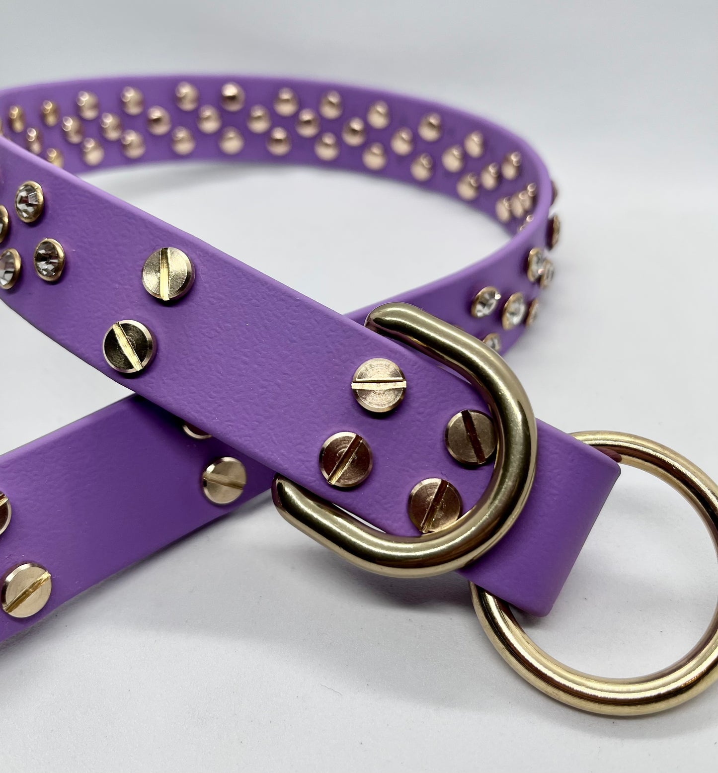 ‘Purple Rain’ rhinestone crystal sparkly studded O-ring & hook clip BioThane® dog collar with solid brass hardware