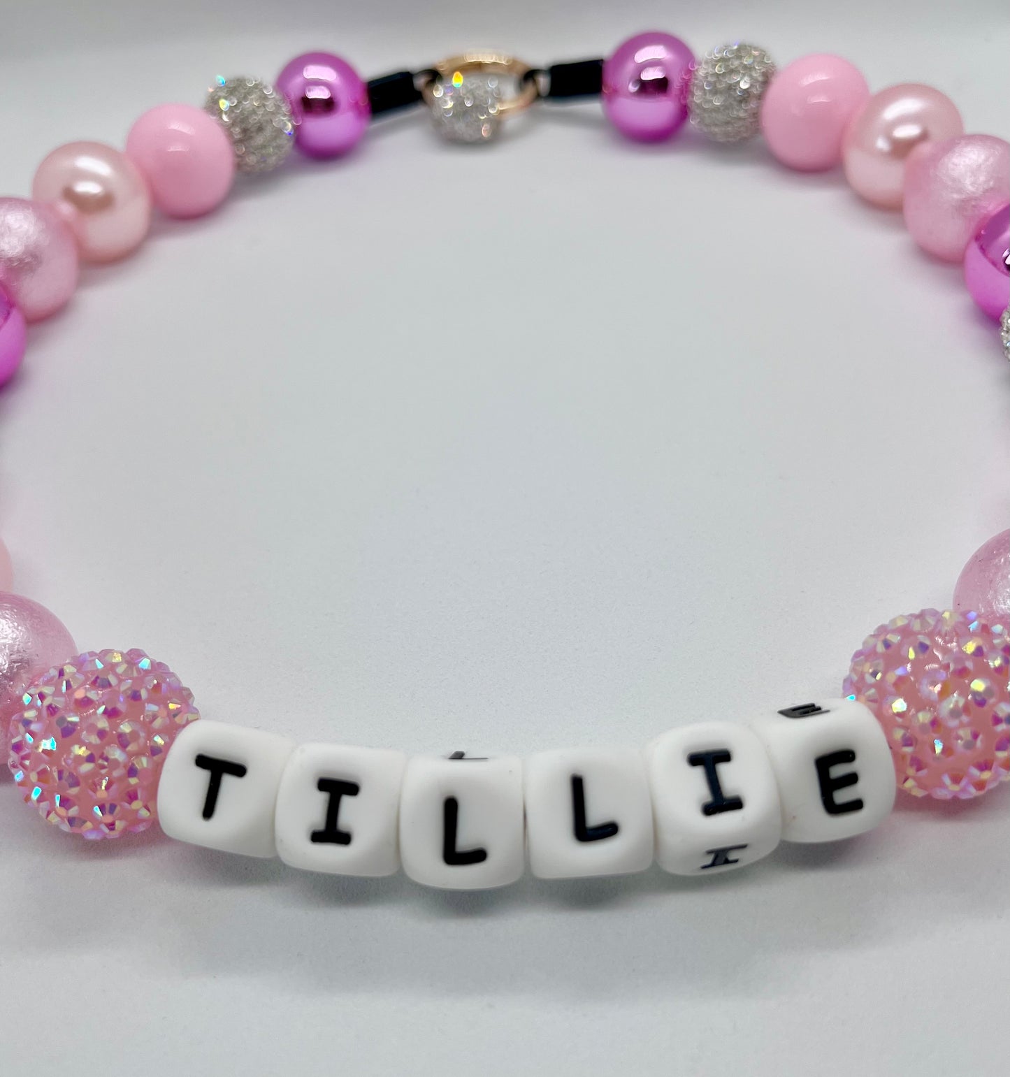 ‘Diamond Force’ pink foil, pearl & diamanté sparkle iridescent personalised beaded bead dog collar pet necklace