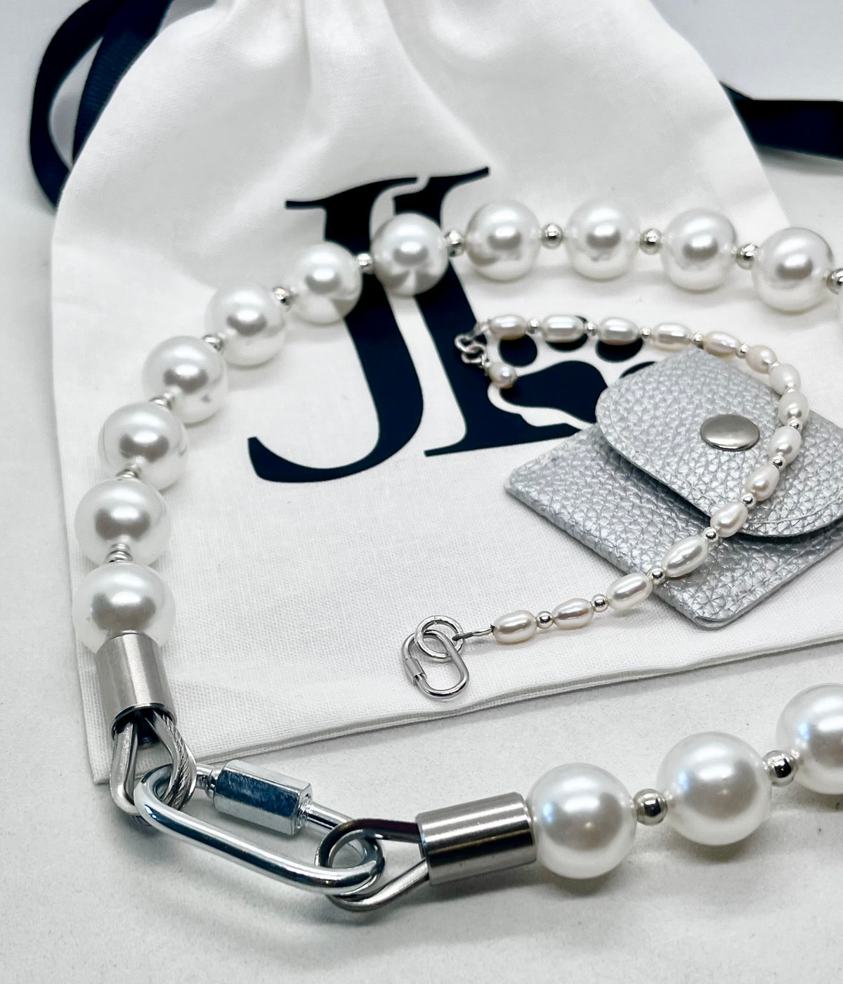 'Pearl Bond' Pearl & Bead Stainless Steel Dog Collar Carabiner Oval Clasp