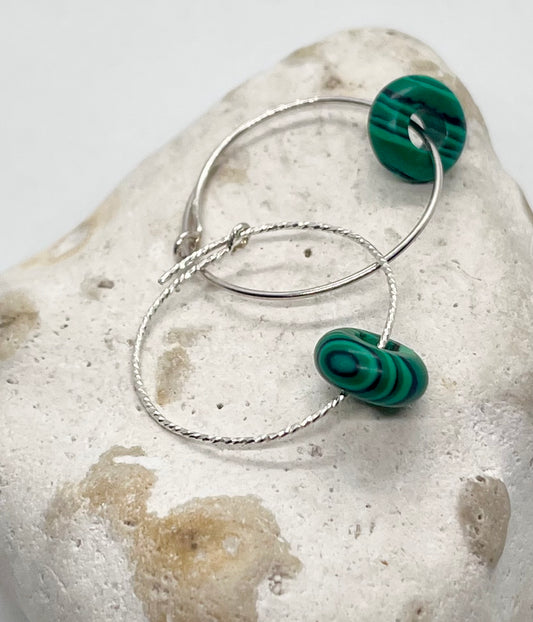 925 Sterling Silver Malachite Donut Sparkle or Plain Fine Wire Ear Hoop Earrings