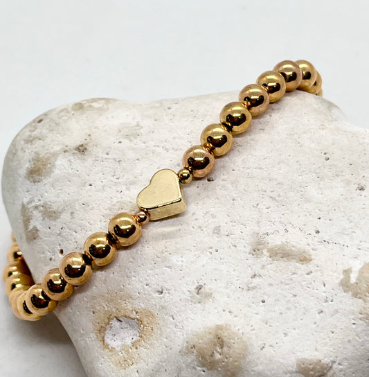 Gold Plated Heart Centre Bead Ball Bracelet - 5mm Gold Beads