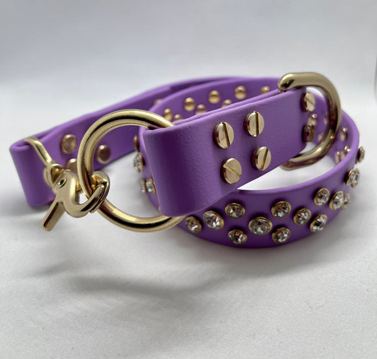 ‘Purple Rain’ rhinestone crystal sparkly studded O-ring & hook clip BioThane® dog collar with solid brass hardware