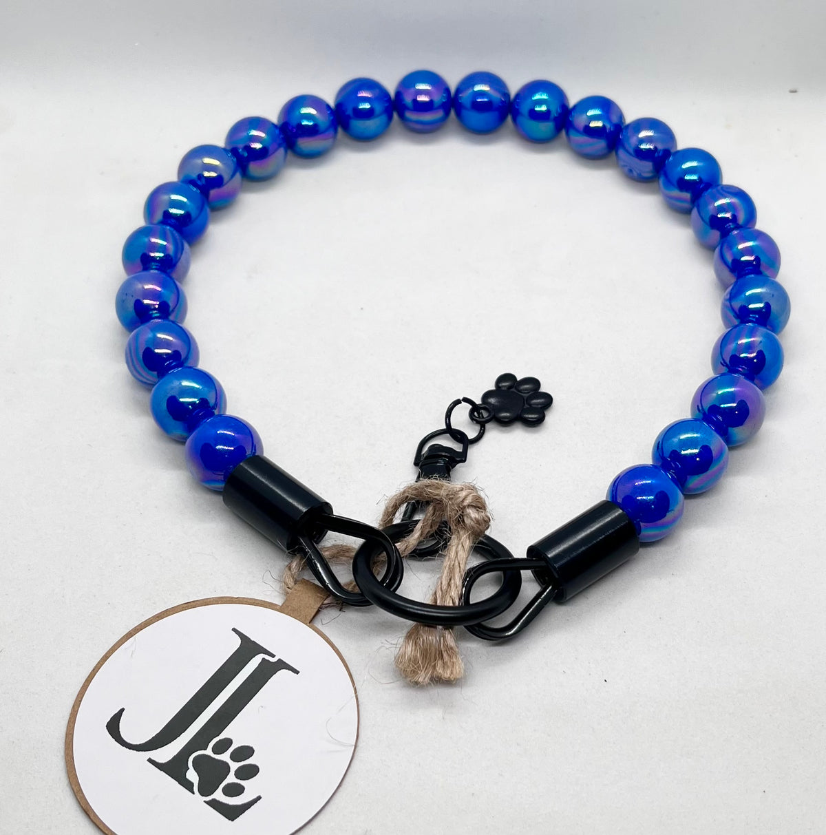 Iridescent Blue 'Top Dog' Beaded Collar with Matte Black Stainless Steel Hardware