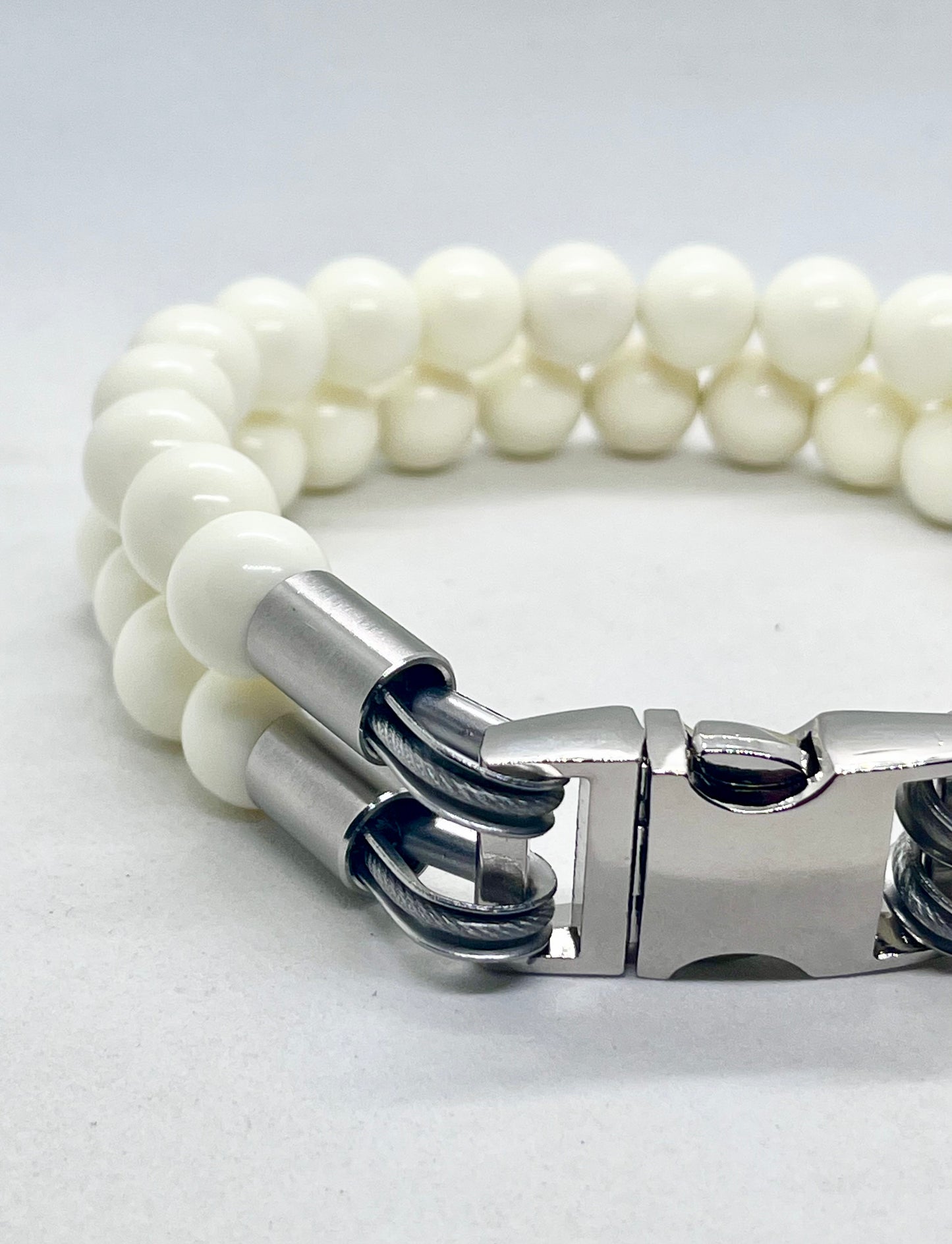 'Glow Up' Double White Beaded Stainless Steel Dog Collar20mm