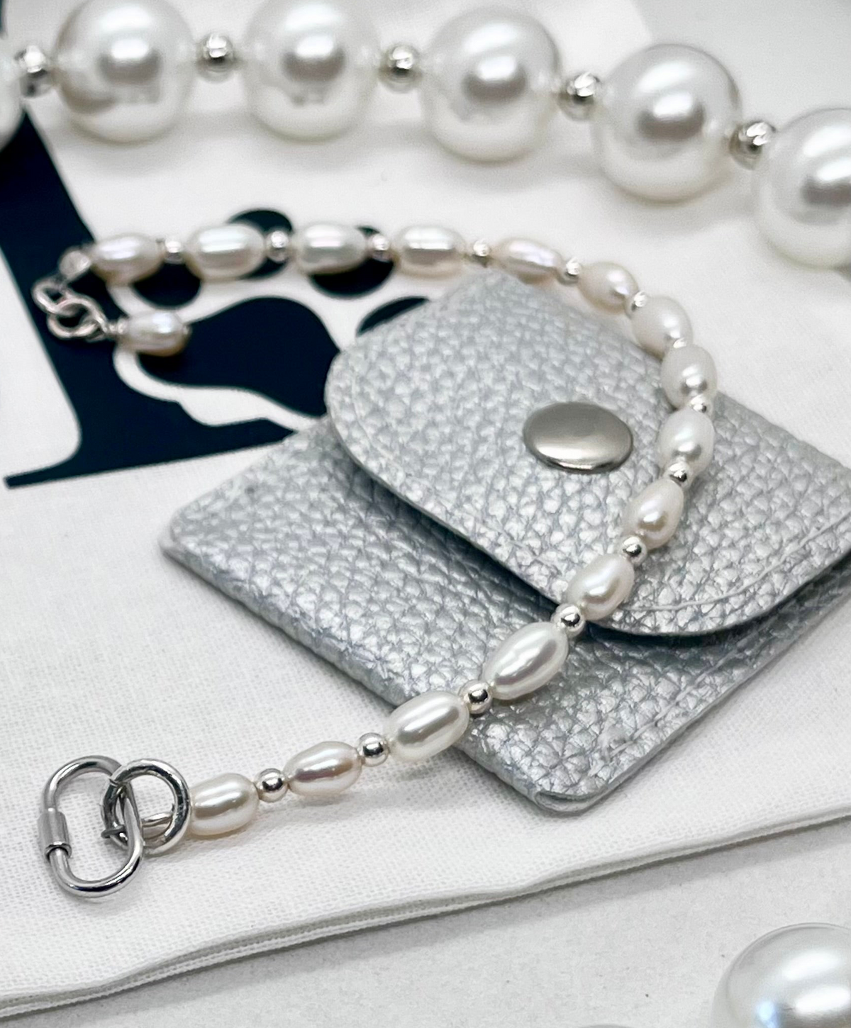 925 ‘Pearl Bond’ Freshwater Pearl & Bead Bracelet with Hallmarked Industrial Chic Carabiner Clasp