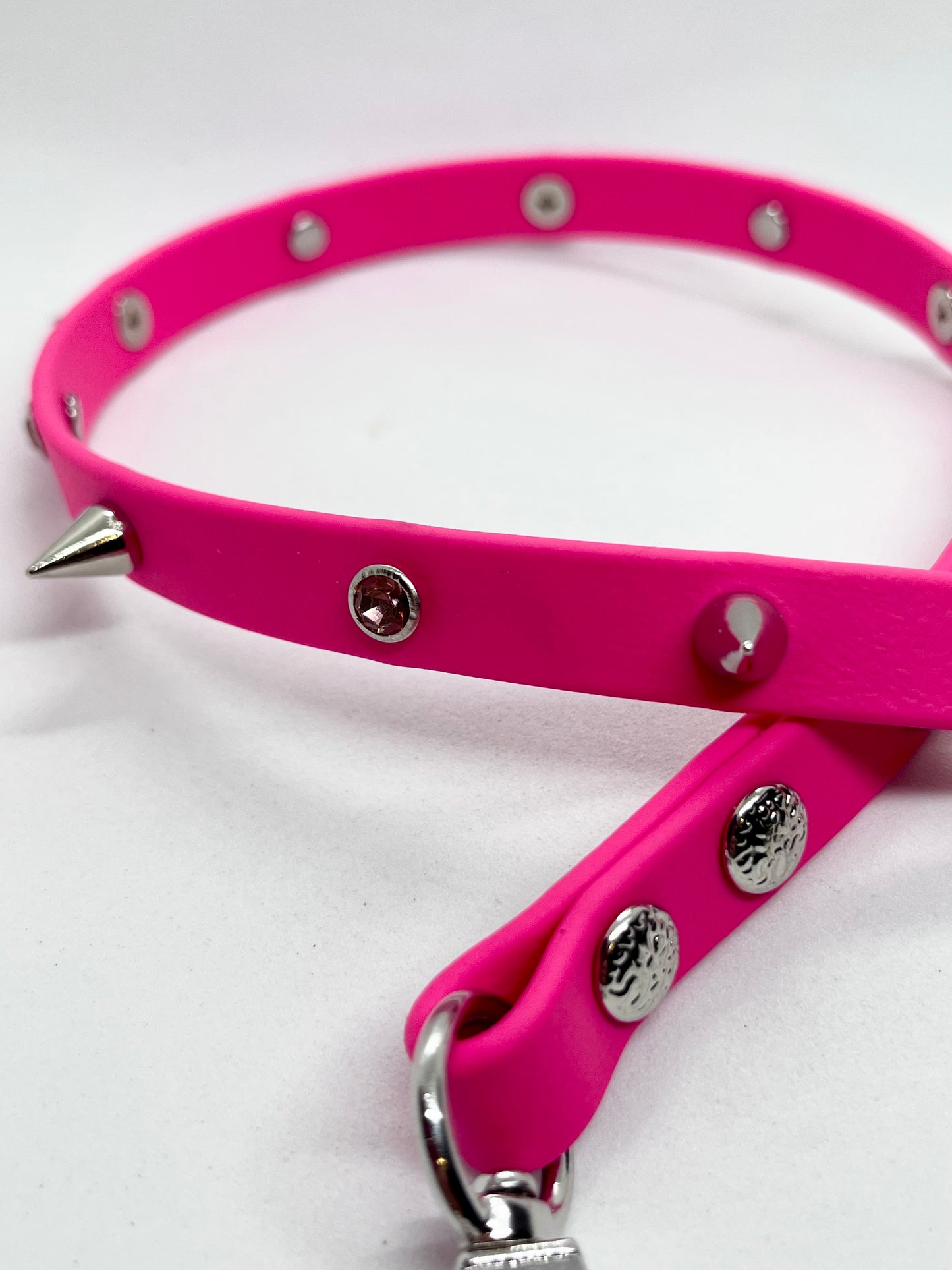 'Diamanté Drama' Bright Pink BioThane® Diamanté & Spiked Studded Collar