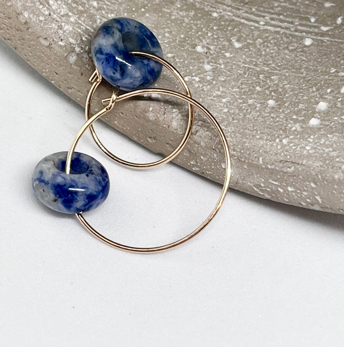 ‘Blue Zen’ 14k Gold Blue Spot Jasper donut plain fine wire ear hoop earrings