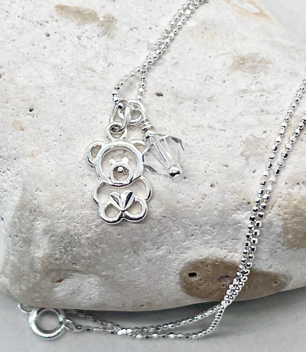 925 'Teddy Birthstone' Charm Necklace - Sterling Silver Diamond Cut Ball Chain & Heart Charm
