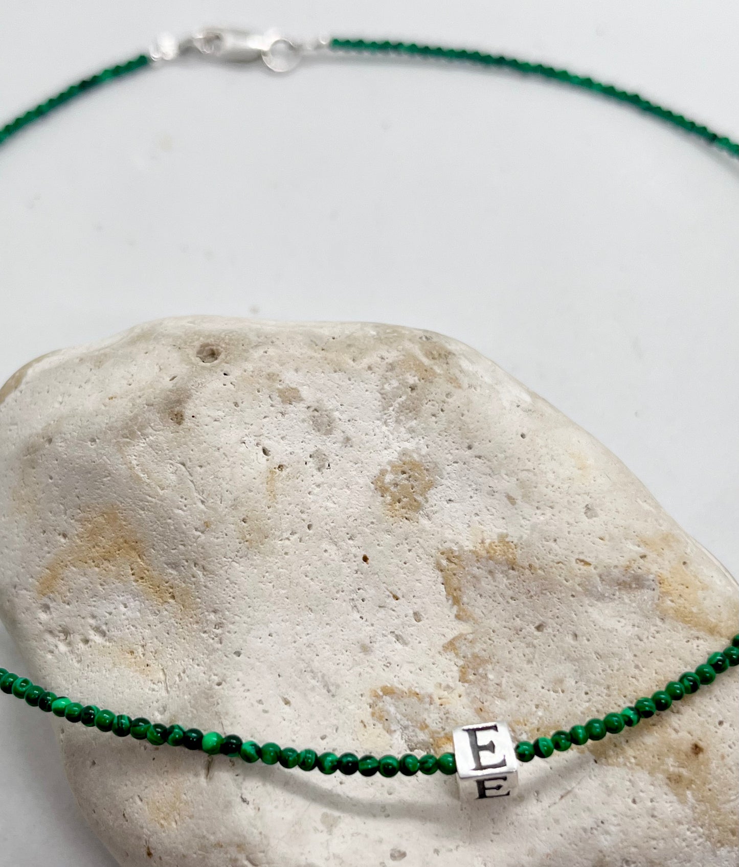 Malachite beaded necklace choker 925 sterling silver cube initial