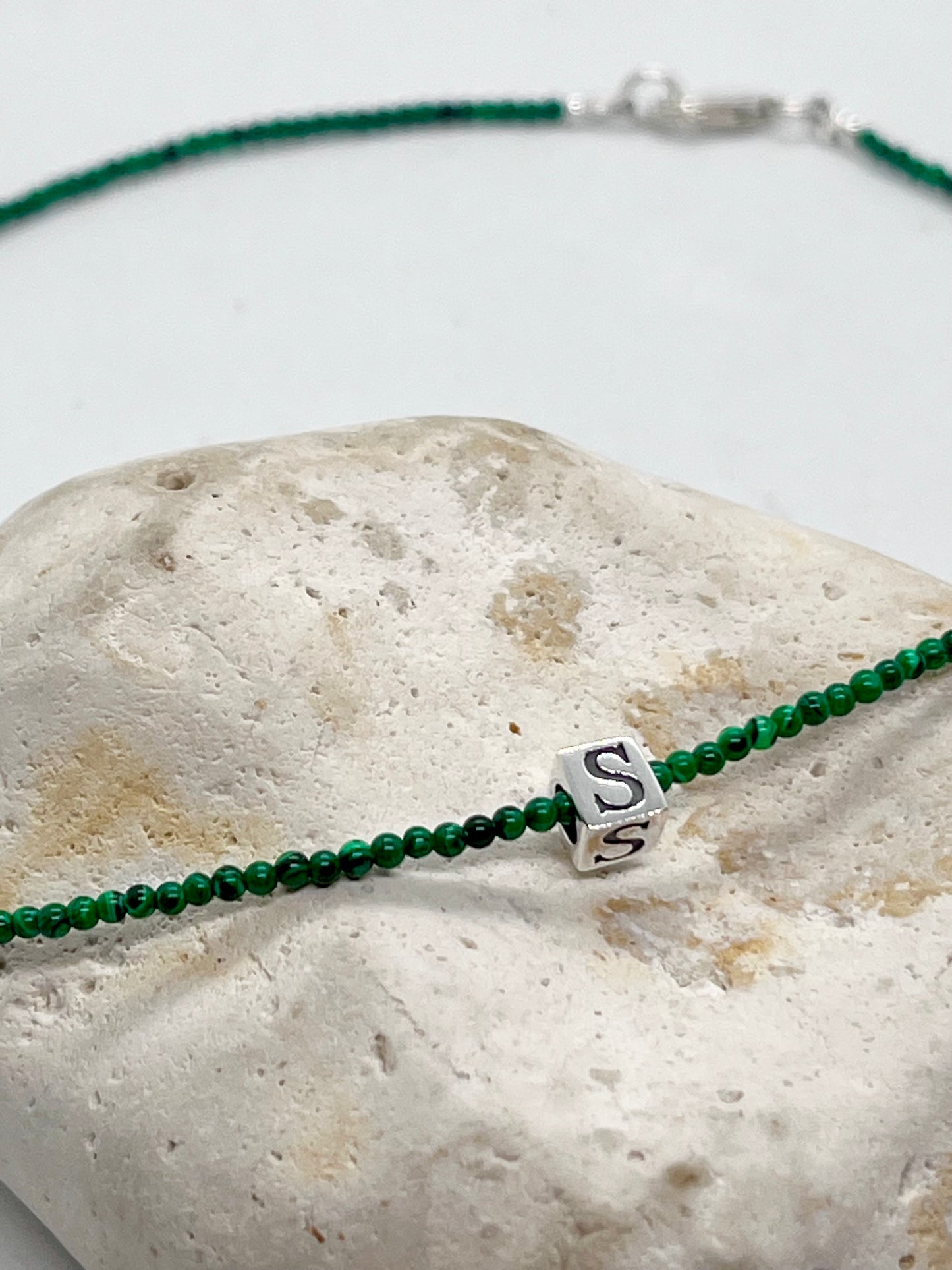 Malachite beaded necklace choker 925 sterling silver cube initial