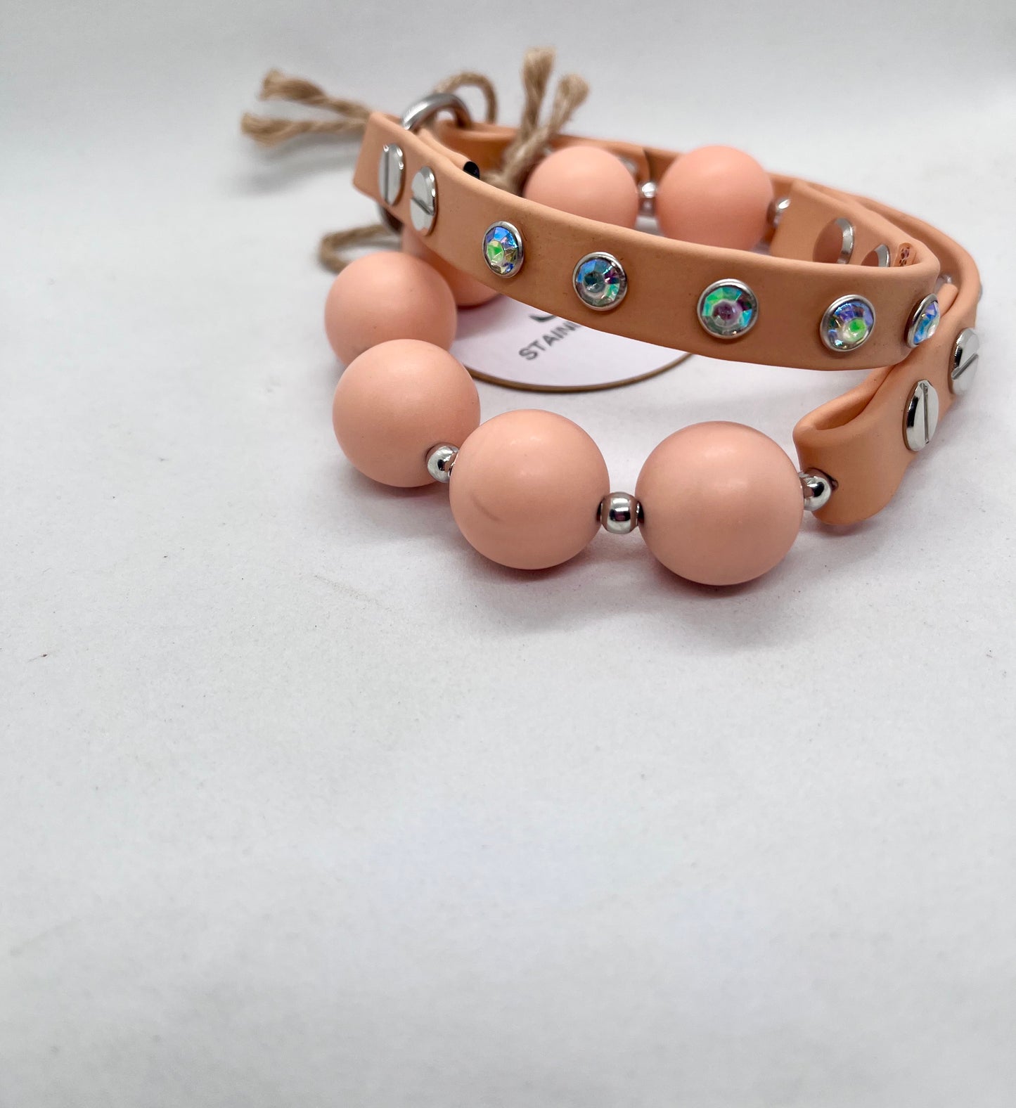 'Peachy Luxe' Peach Bead & BioThane® Collar with Iridescent Diamanté Stud Dog Necklace | 19 inch | Reduced to £16.20