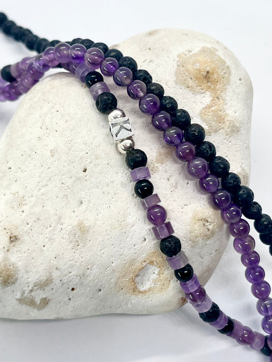 'Amethyst Cube Charm’ unisex genuine Amethyst, Black Onyx, Lava bead & 925 sterling silver personalised cube letter bracelet
