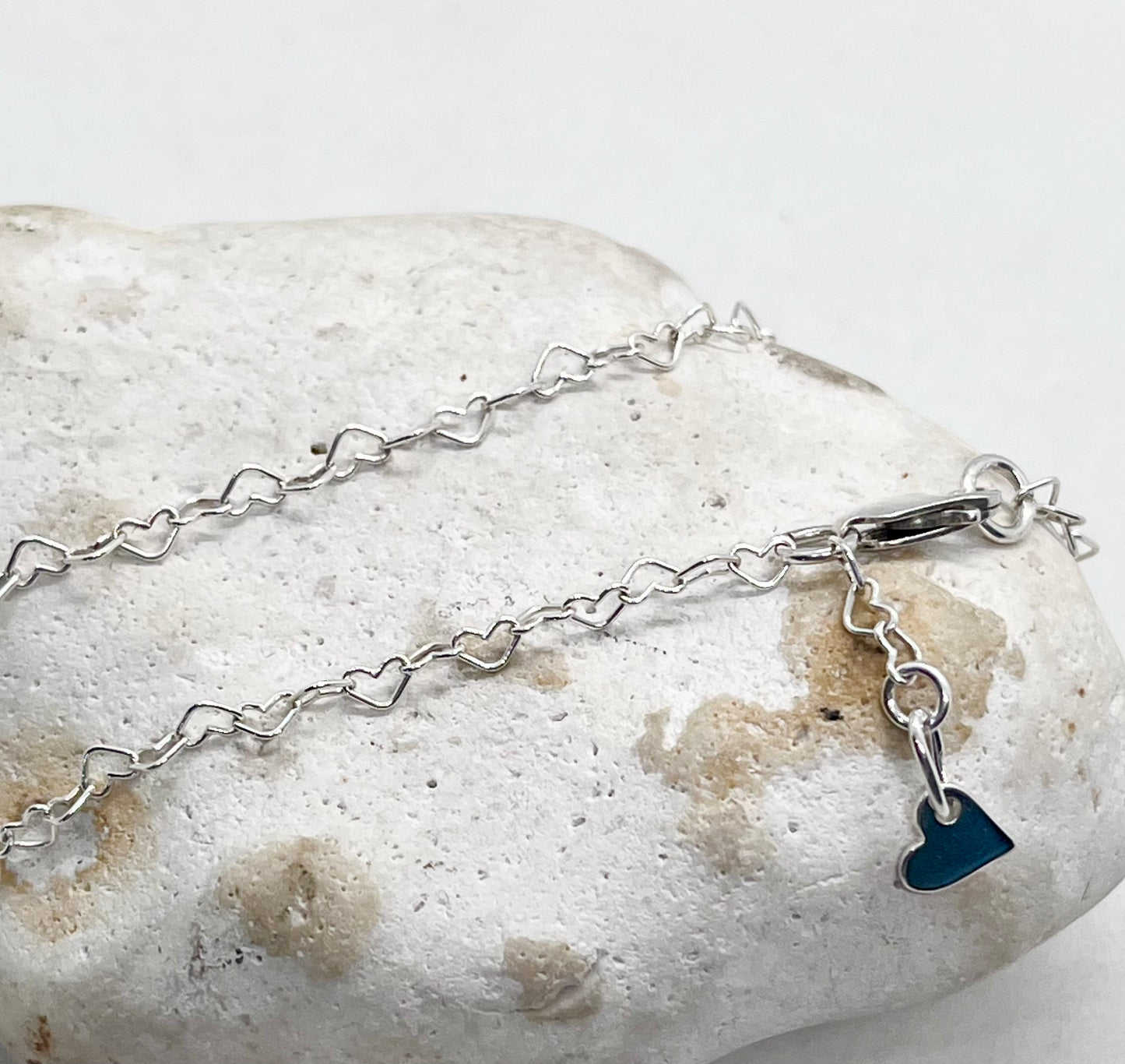 'Heart Links' Heart Chain Anklet & Heart Charm 925 Sterling Silver