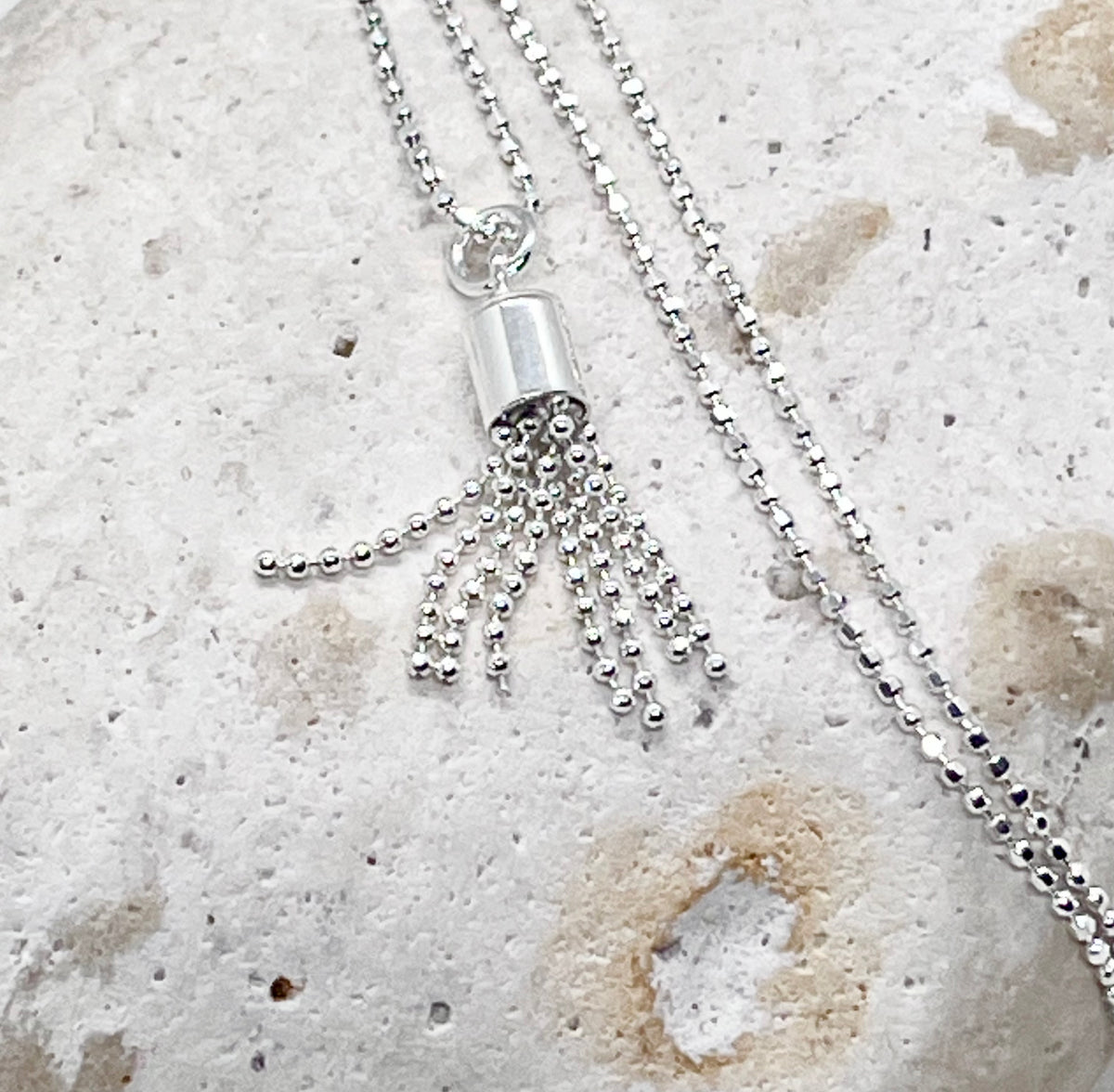 925 'Tassel Love' Tassel Heart Charm Necklace - Sterling Silver Diamond Cut Ball Chain