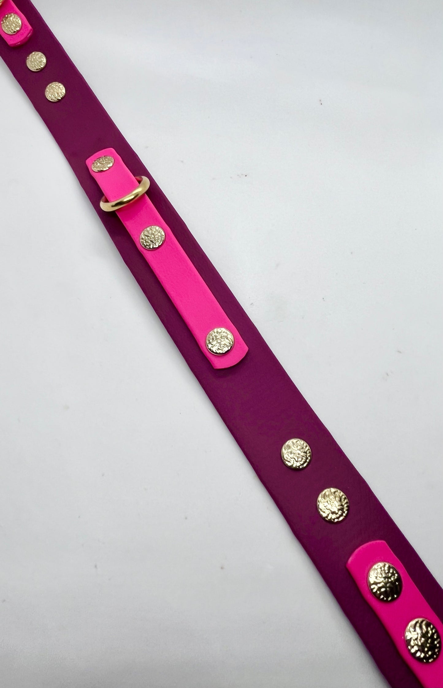 'How Posh' pink and burgundy BioThane® collar laid flat | JOOLS LONDON