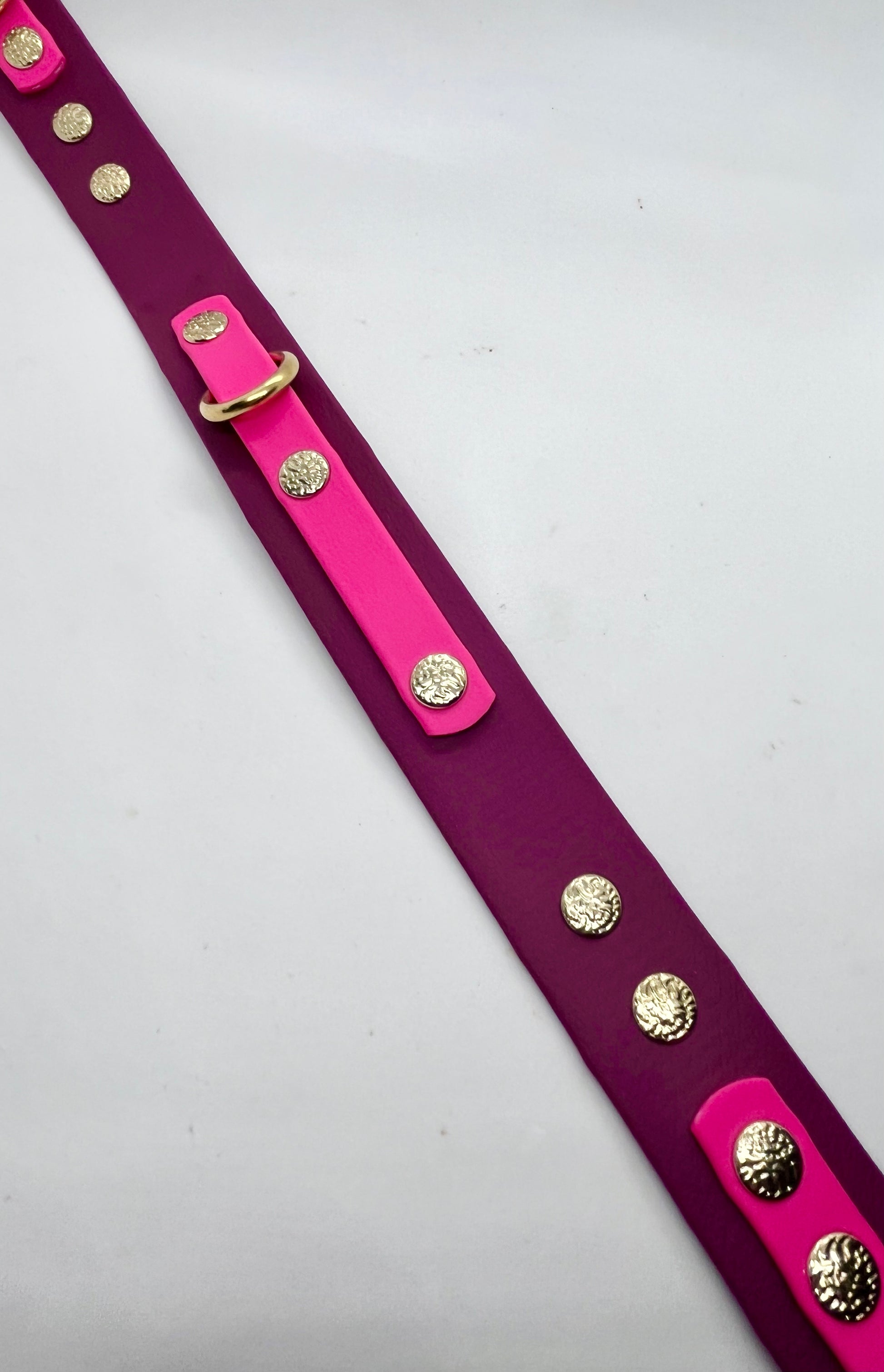 'How Posh' pink and burgundy BioThane® collar laid flat | JOOLS LONDON