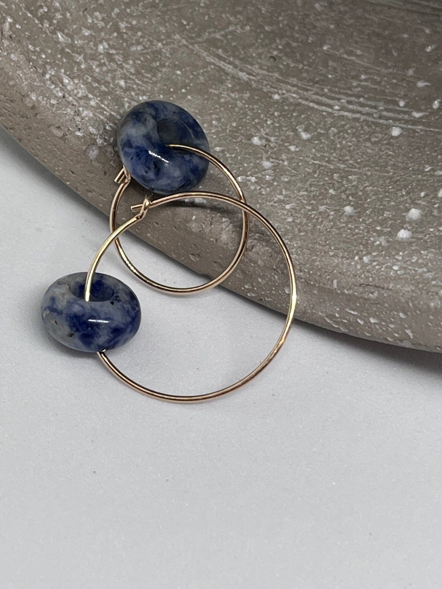 ‘Blue Zen’ 14k Gold Blue Spot Jasper donut plain fine wire ear hoop earrings