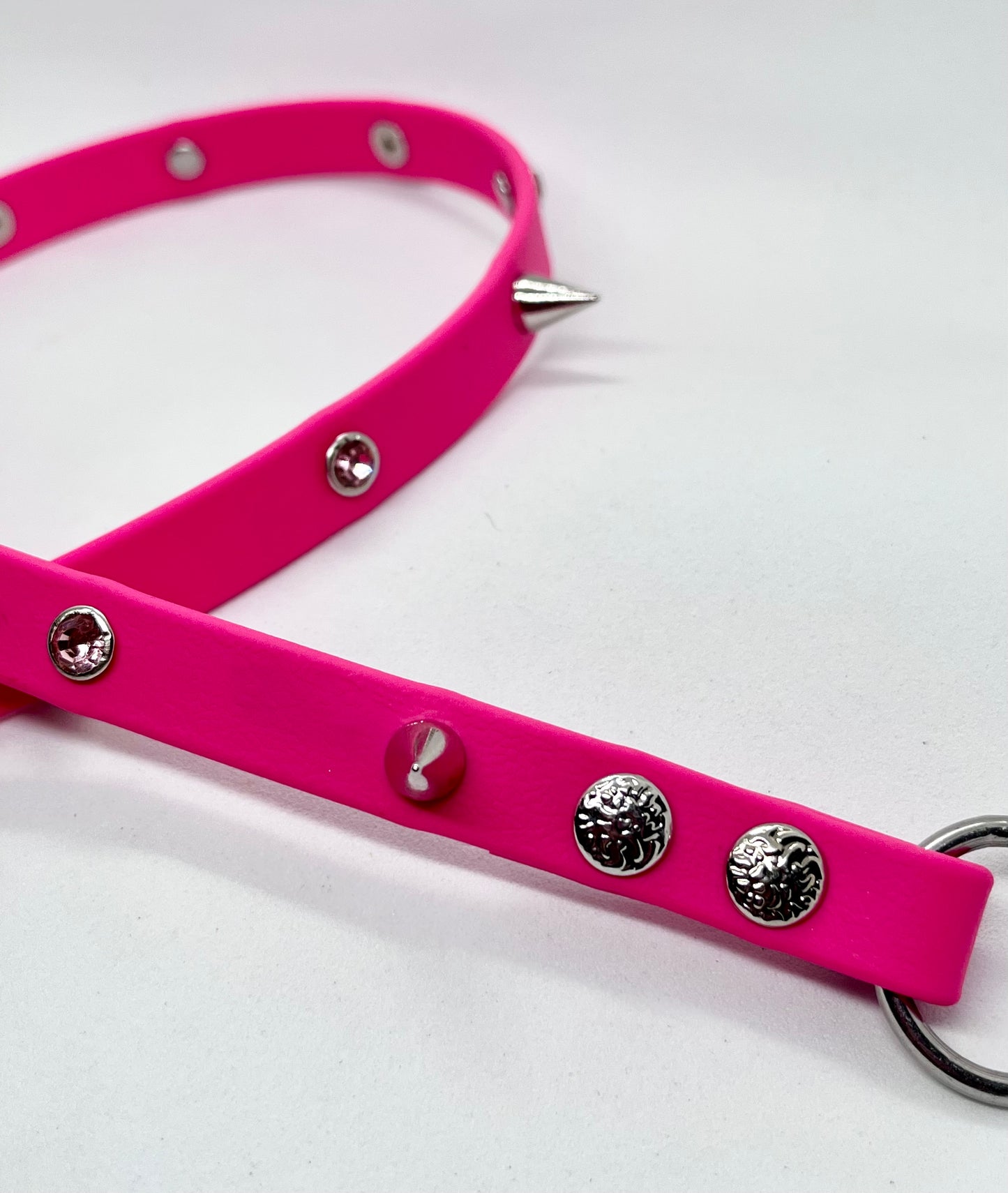 'Diamanté Drama' Bright Pink BioThane® Diamanté & Spiked Studded Collar