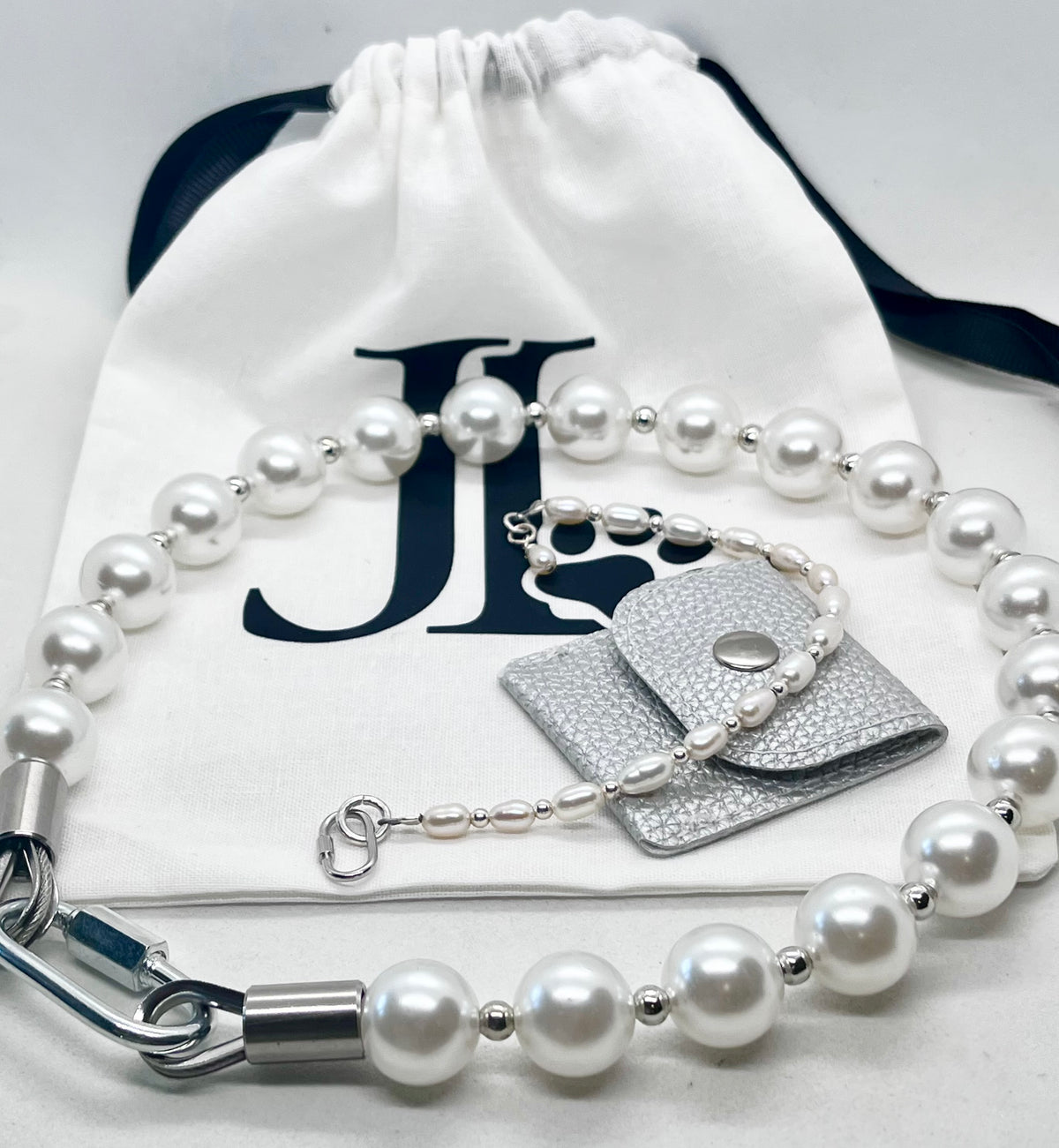 'Pearl Bond' Pearl & Bead Stainless Steel Dog Collar Carabiner Oval Clasp