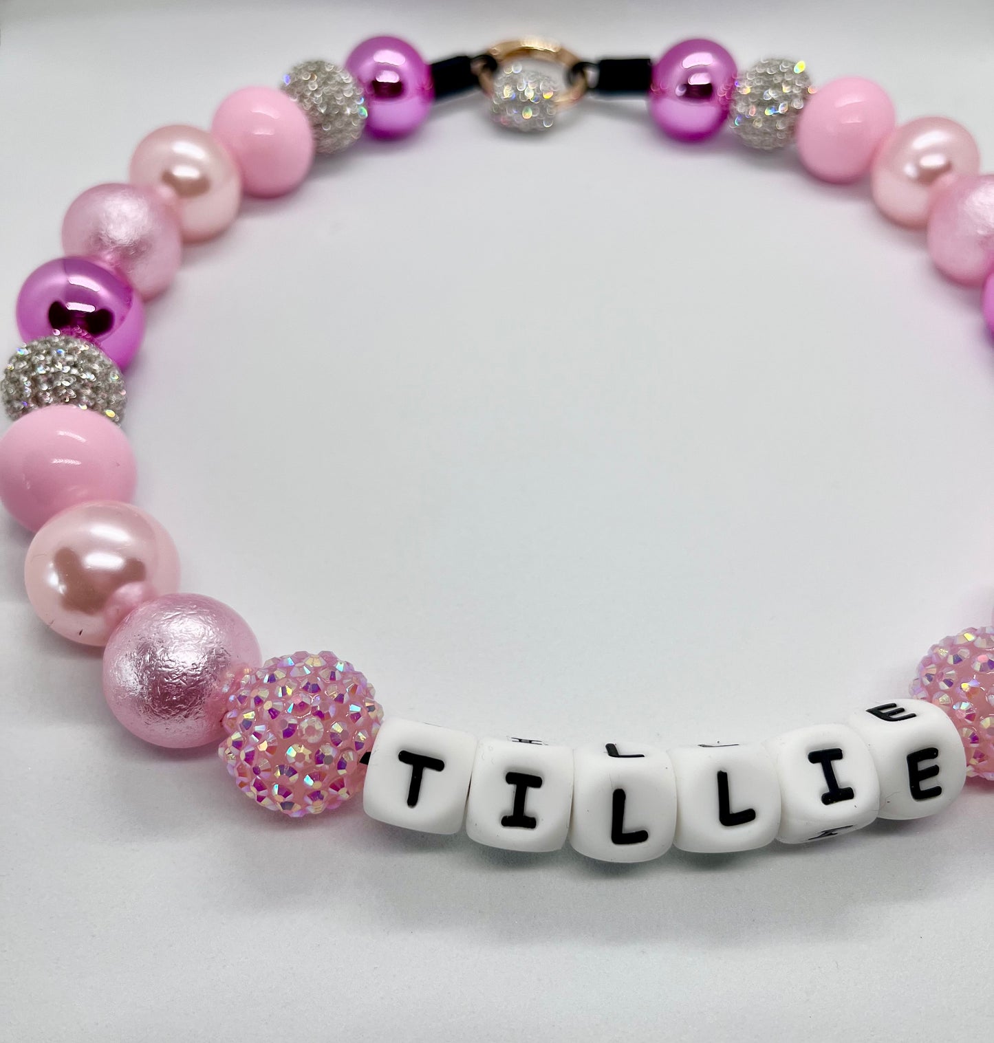‘Diamond Force’ pink foil, pearl & diamanté sparkle iridescent personalised beaded bead dog collar pet necklace