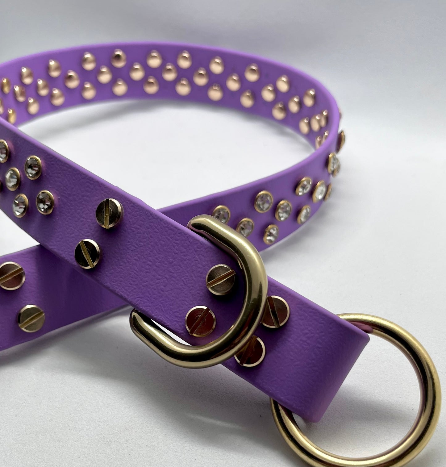 ‘Purple Rain’ rhinestone crystal sparkly studded O-ring & hook clip BioThane® dog collar with solid brass hardware