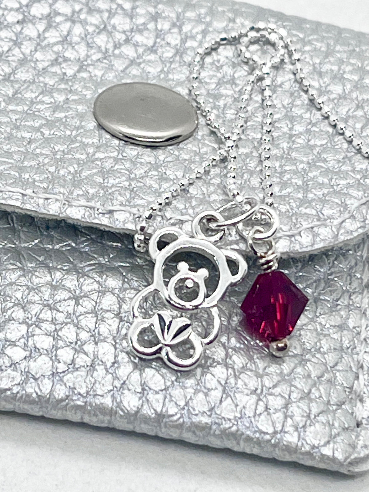 925 'Teddy Birthstone' Charm Necklace - Sterling Silver Diamond Cut Ball Chain & Heart Charm
