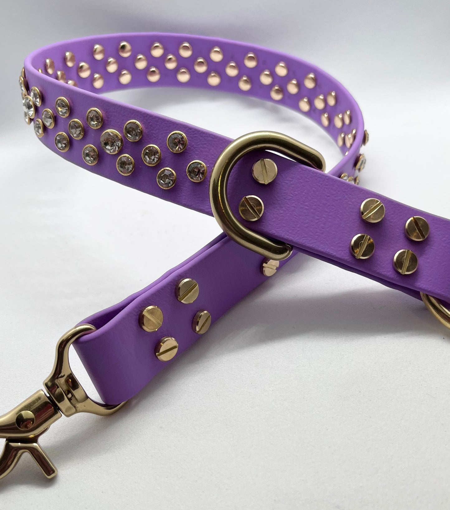 ‘Purple Rain’ rhinestone crystal sparkly studded O-ring & hook clip BioThane® dog collar with solid brass hardware