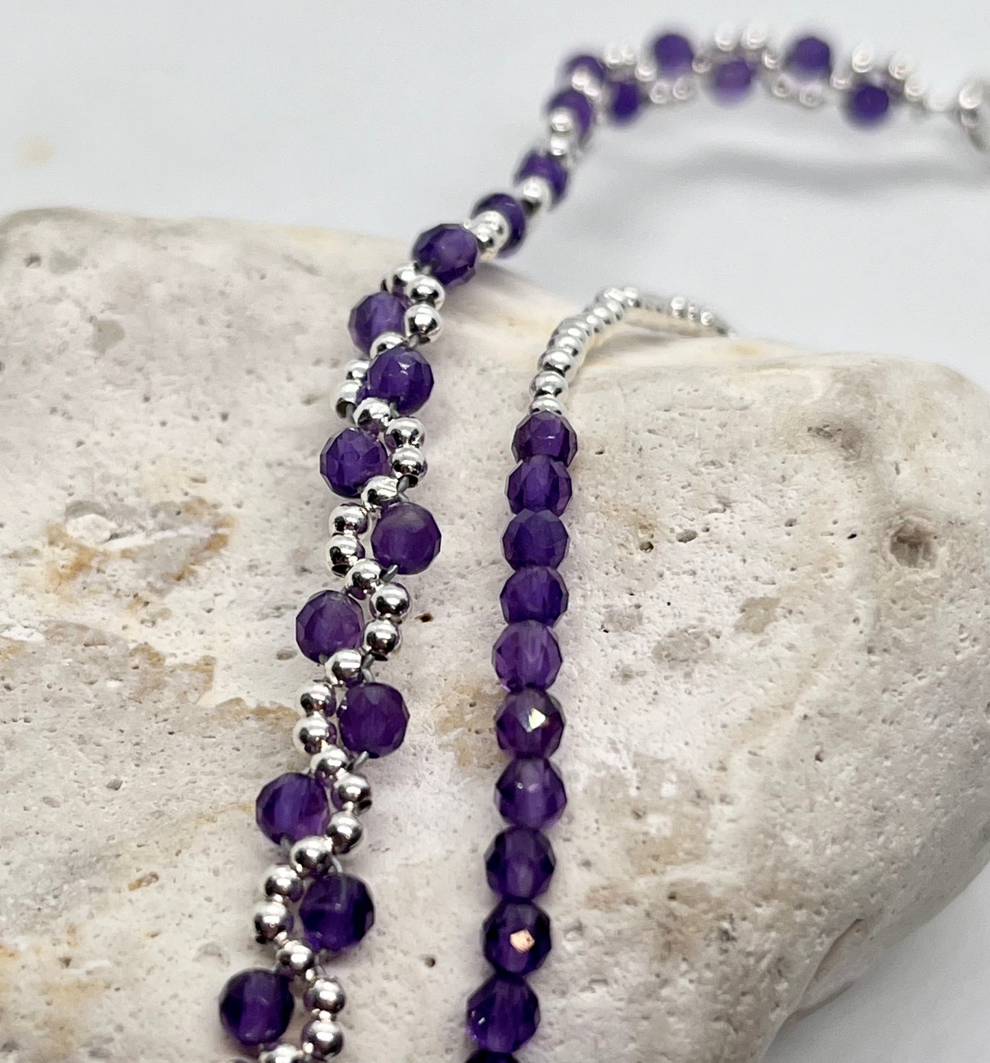 925 sterling silver Amethyst & silver bead weave cuff bracelet