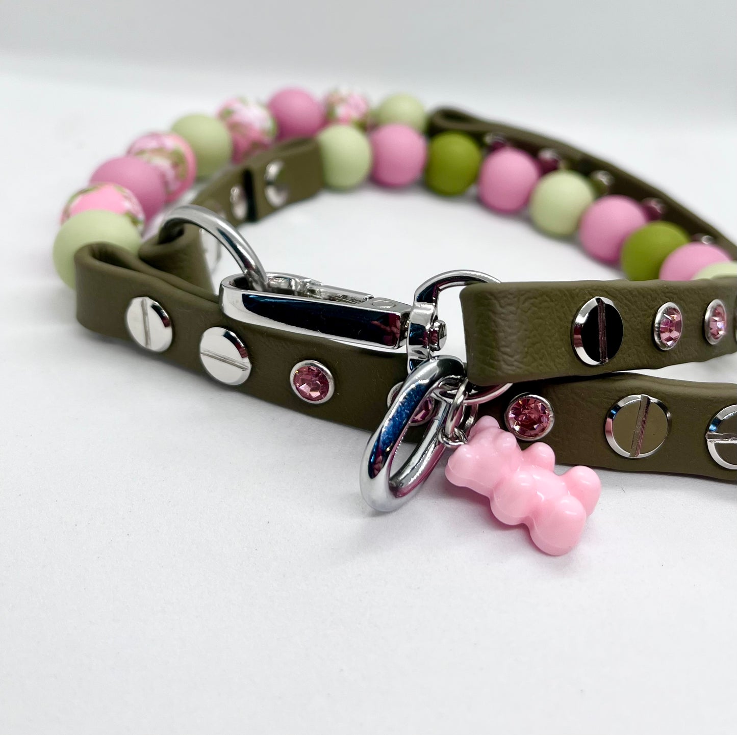 'Petal Edge' Flower Bead Khaki BioThane® Collar with Baby Pink Diamanté Studs