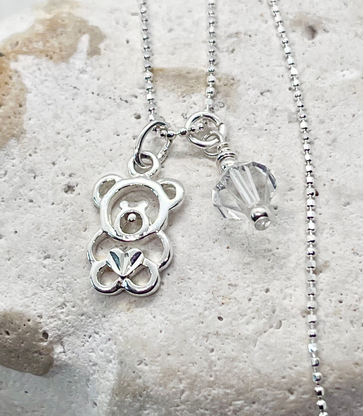 925 'Teddy Birthstone' Charm Necklace - Sterling Silver Diamond Cut Ball Chain & Heart Charm