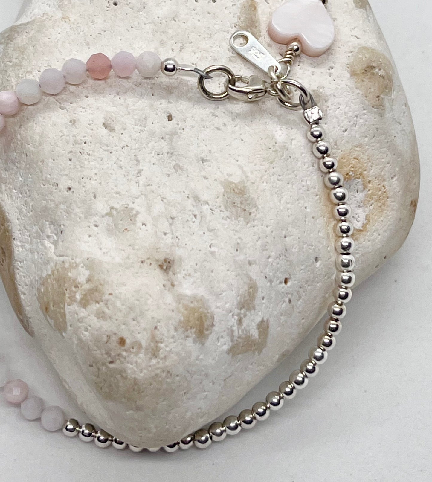 925 sterling silver 'Pink Opal 50-50’ boho style bead bracelet