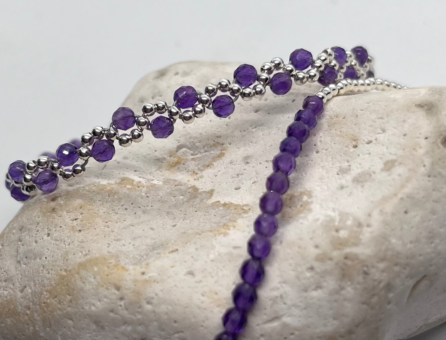 925 sterling silver Amethyst & silver bead weave cuff bracelet